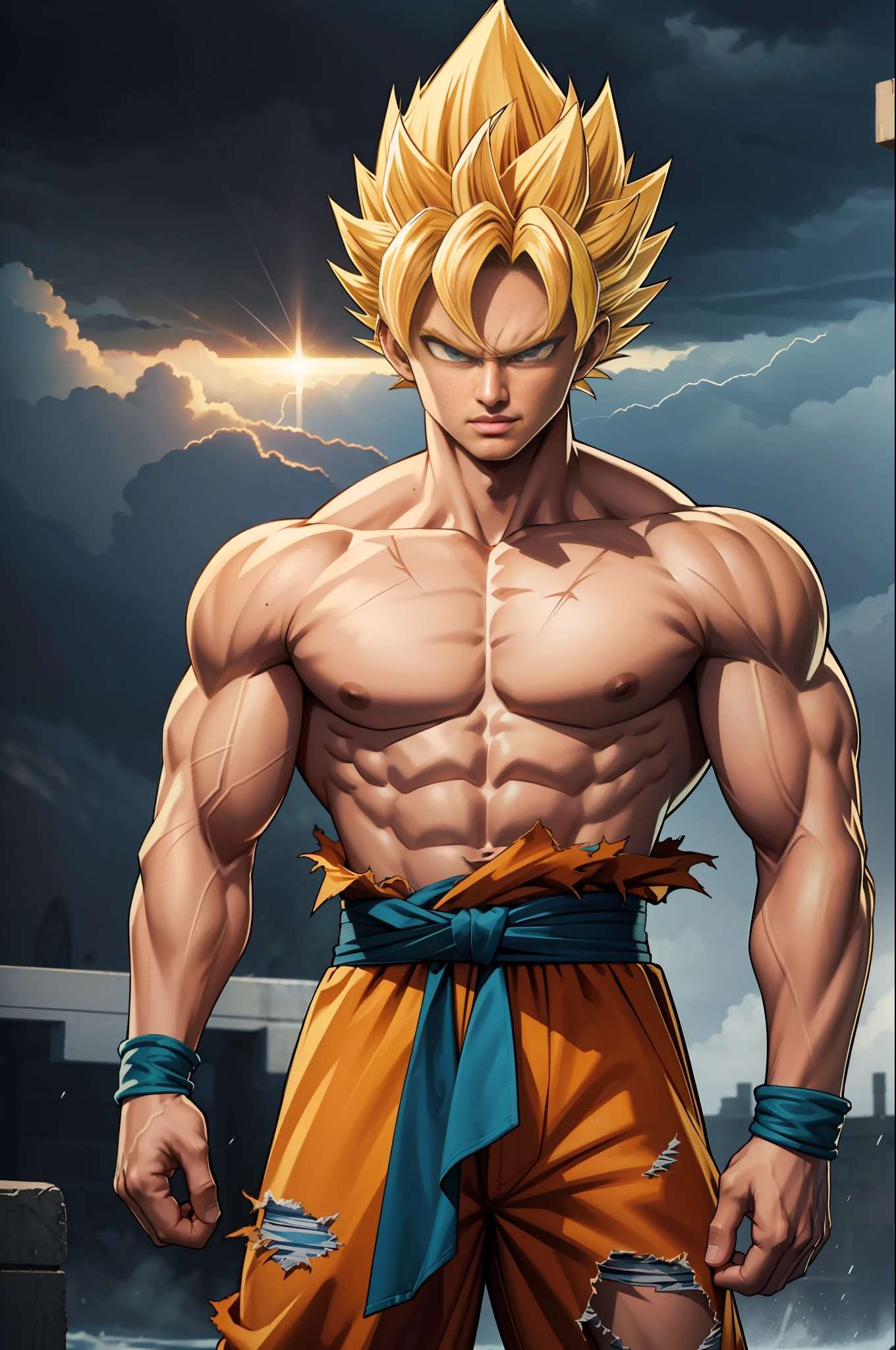 (chef-d&#39;œuvre, meilleure qualité), Détails complexes, 8k, Station artistique, Fond d&#39;écran, art officiel, art éclaboussant, tempête en arrière-plan, netteté, 1garçon, (photoréaliste:1.2) (bokeh) (meilleure qualité) (peau détaillée:1.3) (Détails complexes) (8k) (Yeux détaillés) (netteté) Son Goku, en colère, dégâts de combat, cheveux blond, blue Ceinture, clenched Dents, furieux, yeux verts, foyer masculin, musclé, musclé male, pectoraux, Ceinture, seulement, cheveux hérissés, super saiyan, super saiyan 1, Dents, homme seins nus, vêtements déchirés, bracelet,