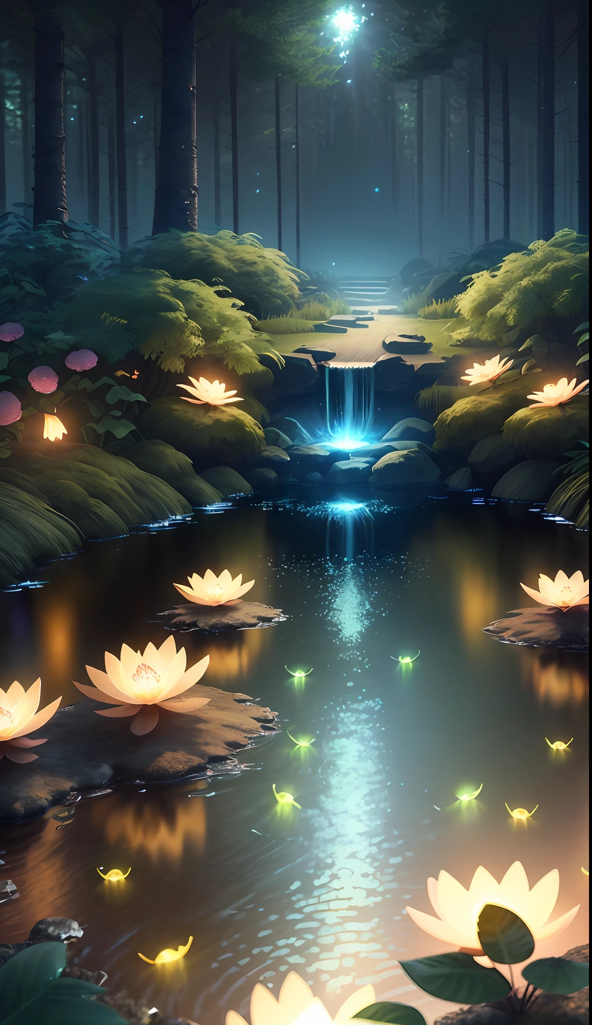 Masterpiece, best quality, (very detailed CG unified 8k wallpaper), (best quality), (best illustration), (best shadow), with a glowing giant firefly, natural elements in lake pool, forest theme. Mysterious forest, beautiful forest, nature, surrounded by flowers, delicate leaves and branches surrounded by fireflies (natural elements), (jungle theme), (leaves), (branches), (fireflies), (particle effects) and other 3D, Octane rendering, ray tracing, super detailed