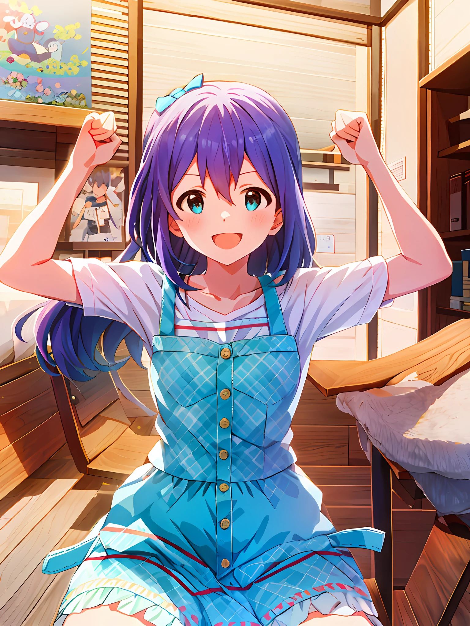 Anna Mochizuki (Million Live), (Top Quality, 8K, Masterpiece, Super Detail: 1.2), 1 Girl, Solo,, Smile, Open Mouth, V, Watch Viewer, Blush, Serafuk, Clavicle, Bow, Ribbon, Blue Bow.Suspenders.White T-shirt.Skirt.Spread Your Arms.Chest Out, Room.Hold Hands.Sit Down.,((Room)))). (((fighting stance))).,dynamic focus.small breasts. (((smile)).Spread your arms.Stretch your chest.Sit down.Close your mouth.white t-shirts.suspenders.skirt.plain white t-shirt.