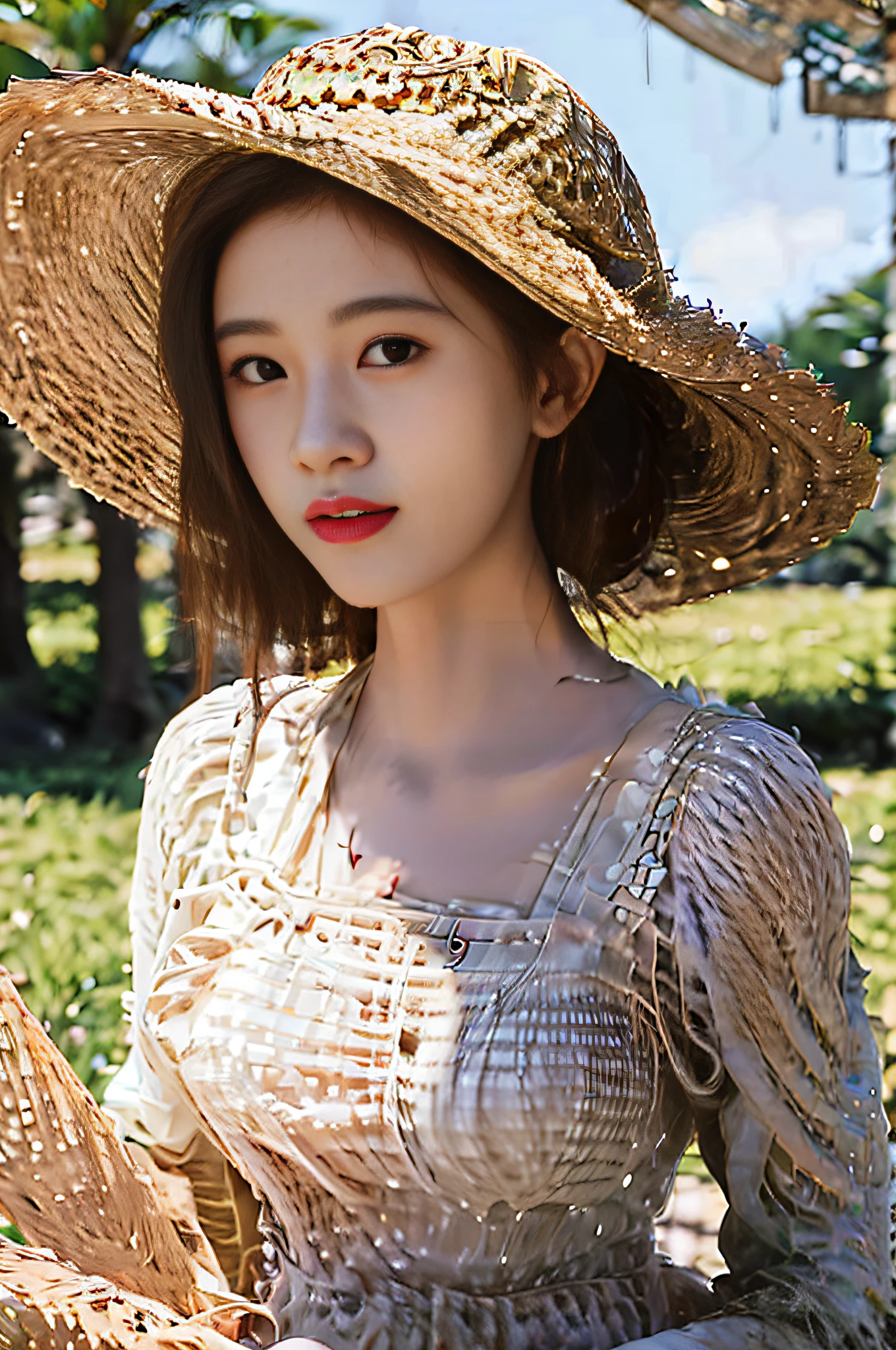 araffe woman in a straw hat holding a straw basket, lovely delicate face, japanese model, gorgeous lady, sakimichan, with straw hat, beautiful south korean woman, beautiful young korean woman, beautiful portrait image, heonhwa choe, high quality portrait, gorgeous young korean woman, beautiful delicate face, taejune kim, beautiful asian girl, chiho