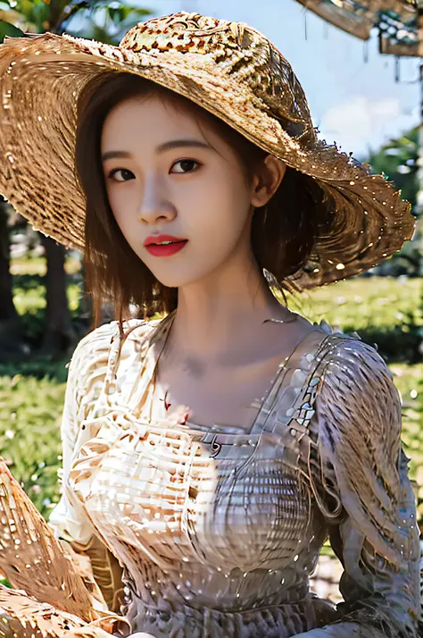 araffe woman in a straw hat holding a straw basket, lovely delicate face, japanese model, gorgeous lady, sakimichan, with straw ...