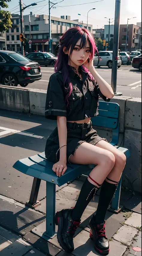 online world, colored hair ((pretty face)), fishing nets, punk, sitting on a bench, urban_gal ((best quality)), ((masterpiece)) ...