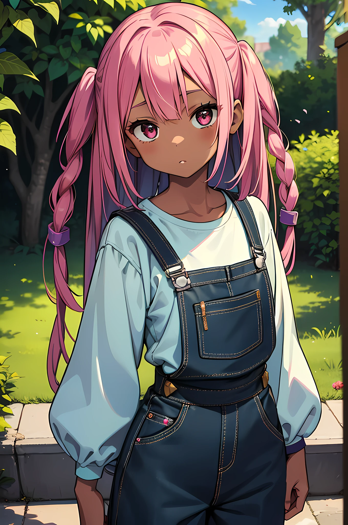 ((1girl, black girl, dark skin,)) melanin, (pink hair) pink hair locks, long hair in locks,dreadlock,Locks hairstyle, she wears a ((black overalls)) with shorts and a ((teal-colored tee shirt underneath, the tee has puffy sleeves.)) beautiful flower on her head. she can bewitch ((spirits and ghosts,)) modern mage, magical cute, the background is full of plants and leaves, and a couple of flowers and petals, you can see the sky and a big shining sun behind her. cinematic lighting, best shadows, ((masterpiece)),