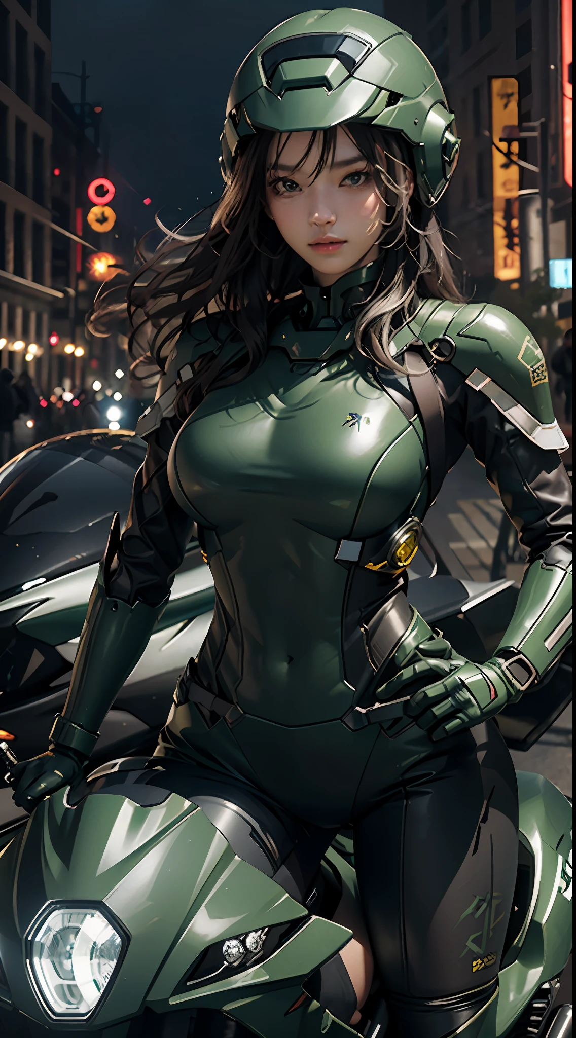 Highest image quality, outstanding details, ultra-high resolution, (realism: 1.4), the best illustration, favor details, highly condensed 1girl, with a delicate and beautiful face, dressed in a black and green mecha, wearing a mecha helmet, holding a directional controller, riding on a motorcycle, the background is a high-tech lighting scene of the future city.