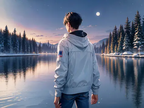 a teenager male, stand alone on the lake surface, look at the moon, the water surface mirror, snowy, panorama, from behind, ray ...