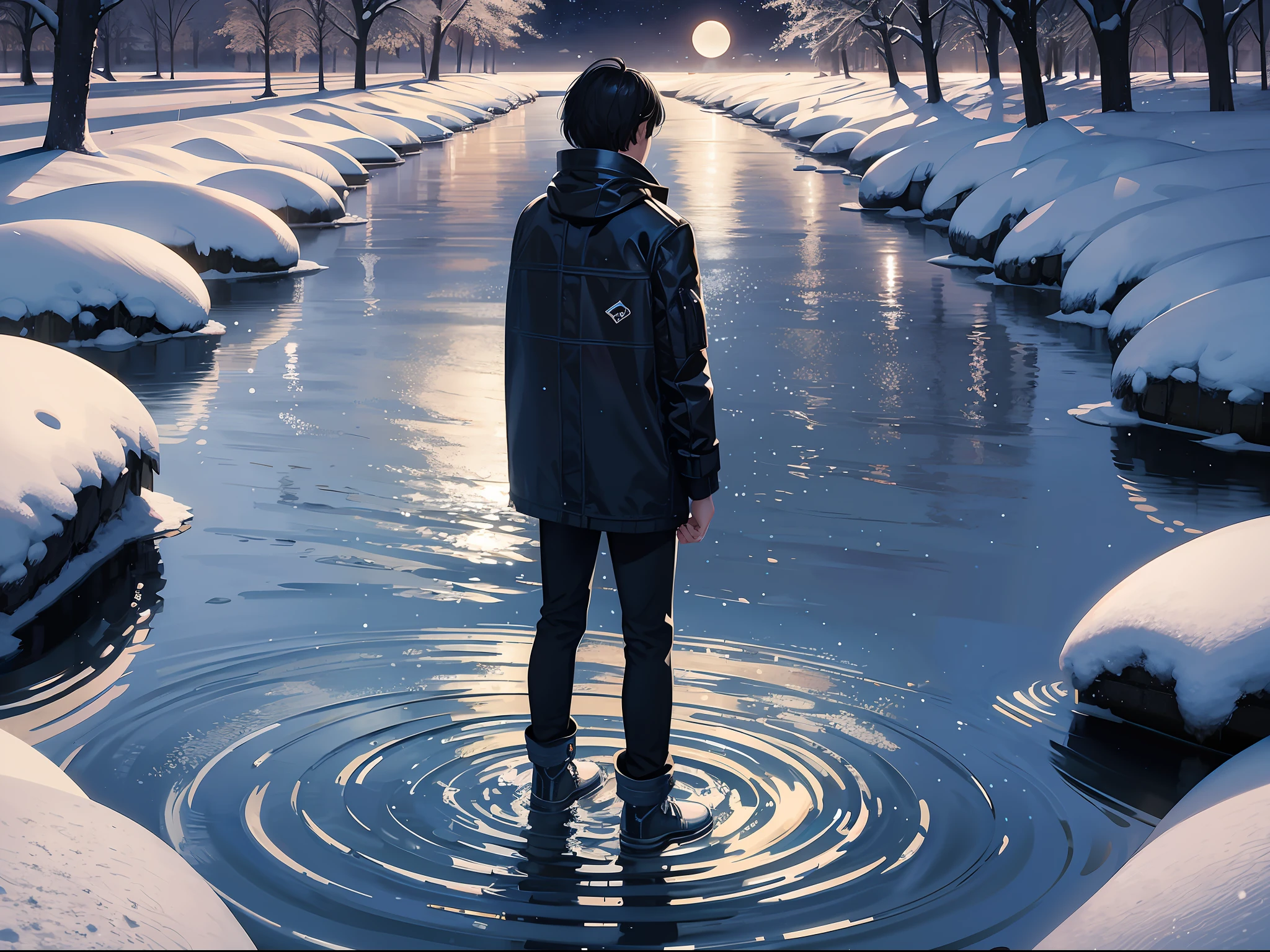 a teenager male, stand alone on the lake surface, look at the moon, the water surface mirror, snowy, dark night, panorama, from behind, ray tracing, reflection light, chiaroscuro, cinematic lighting, glowing light, masterpiece, best quality, high details, highres, ccurate, textured skin, high quality, UHD, HD