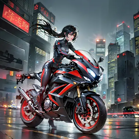 On the dystopian streets of Hong Kong, the science fiction twist is a flying motorcycle speeding across the ground while a high-speed train whizzes high in the air. The weather is gloomy and rainy, and blurry street lights illuminate the landscape in this ...