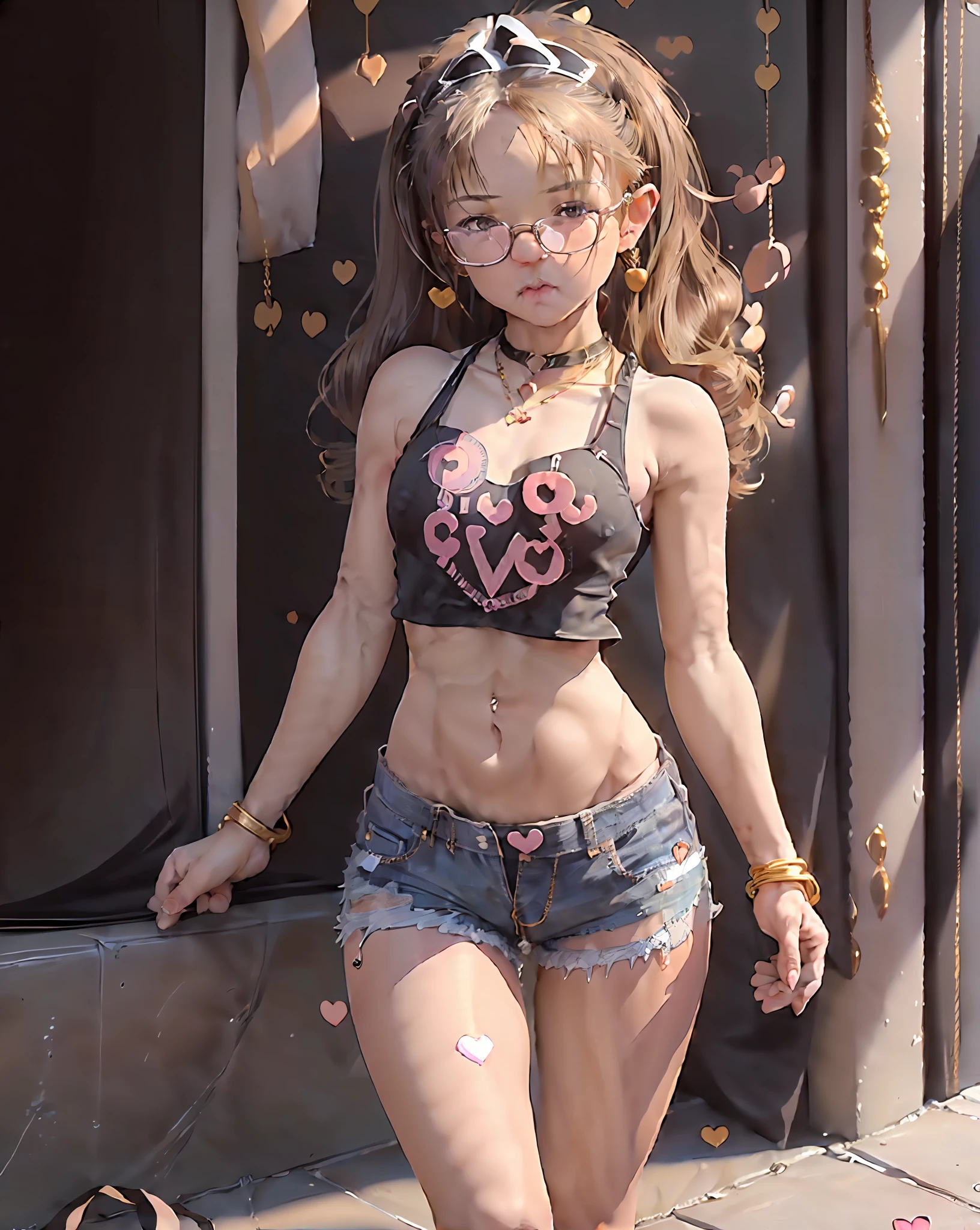 ((medium chest marked on clothing)), tomboyish girls, small head)), (chiselled abdomen: 1.1), (perfect body: 1.1), (wavy blonde hair: 1.2), shiny silky hair, collar, chain, watch, black bracelet, full body photo, ((((golden-framed glasses))) sexy body, (((((little heart pircing in the navel)))), (((transverse pircing in the left ear)), good ambient lighting, enhancement of body curves, dark background,  wearing black tank top, denim jacket, ((shorts)), black fitness bra ((white jean shorts)), (extremely detailed CG 8k wallpaper), (an extremely delicate, beautiful and sexy masterpiece), (best quality: 1.0), (high resolution: 1.0), beautiful lighting, perfect lighting, realistic shadows, [highres], detailed and ultra-detailed skin (((color))) (((super detailed body))) (((sexy look))