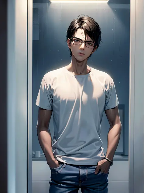 a teenager male, black hair, wear glasses, t-shirt, jeans, dark nifht, heavy rain, lonely, panorama, ray tracing, reflection lig...