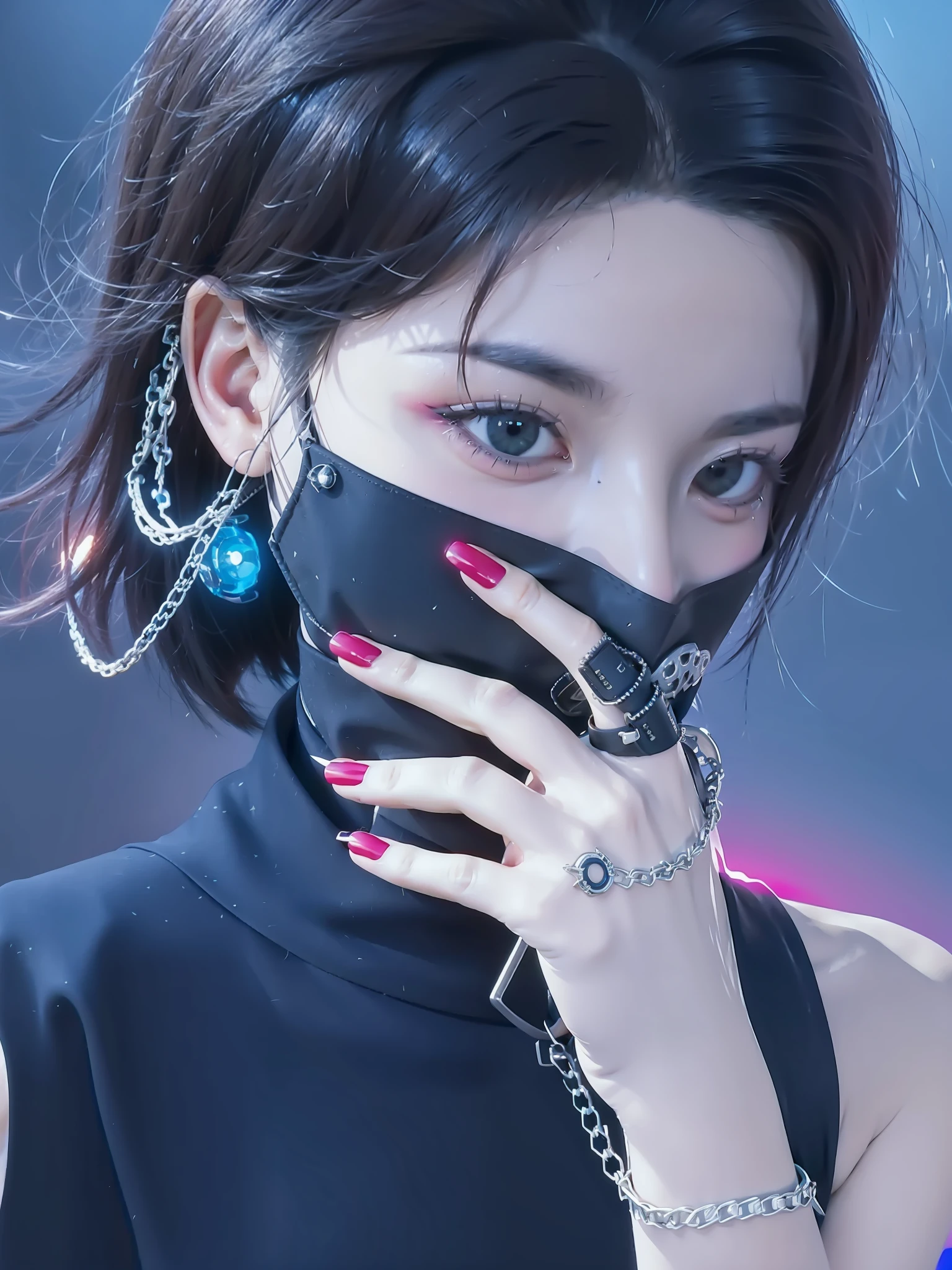 In the anime style, a female figure wearing a black mask and a chain around her neck. With realistic artistic expression, 8K high-quality detail art full of digital anime illustration features. Cyberpunk elements are also added, with Guvez style and artistic filters.