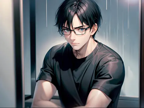 a teenager male, black hair, wear glasses, T-shirt, jeans, dark nifht, heavy rain, lonely, facepalm, tearing up, panorama, ray t...