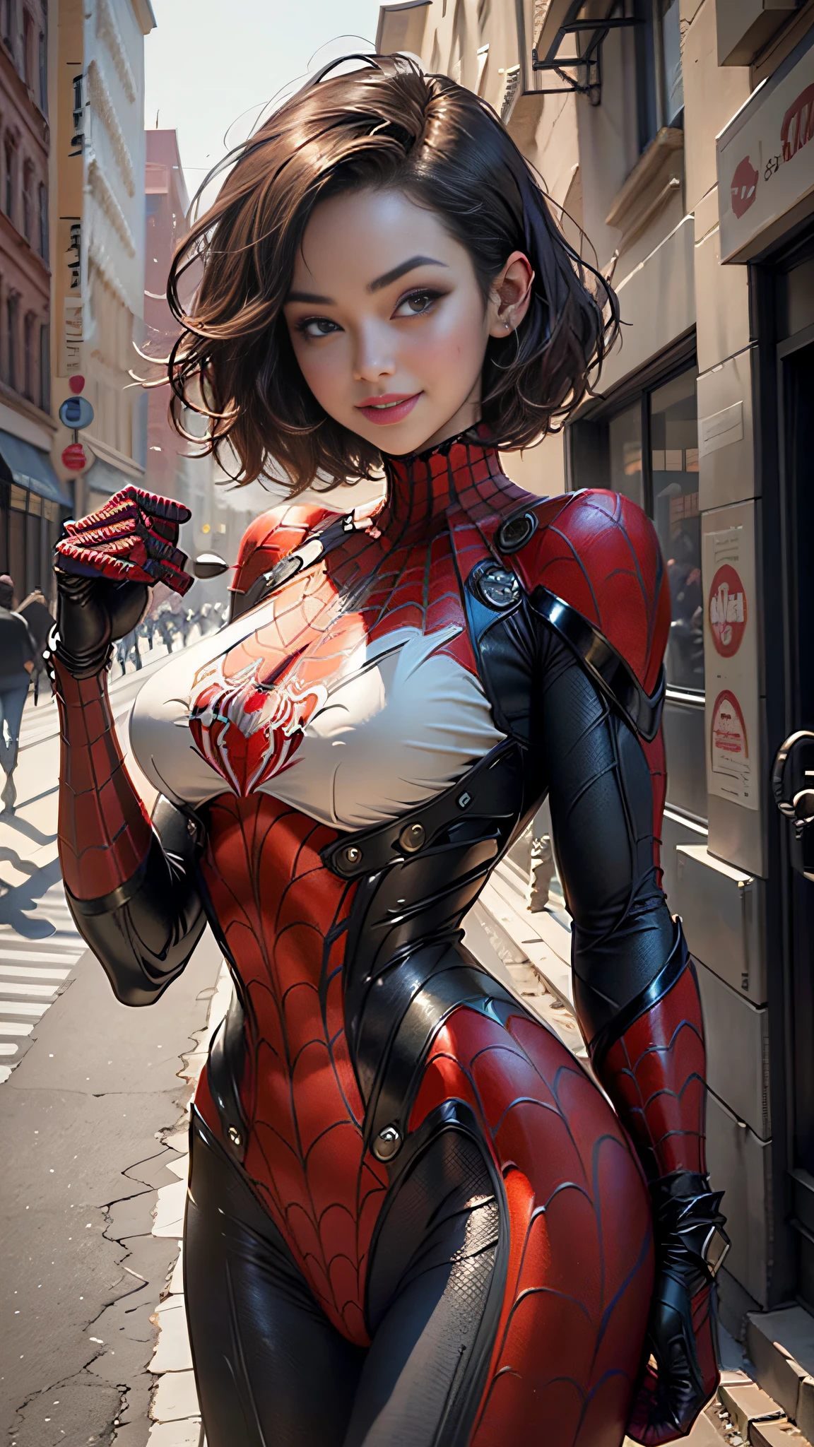 杰作, 高清, 详细信息, 美丽的女人详细定义身体使用蜘蛛侠角色扮演, 大乳房, 微笑, 精致的五官, 完美脸蛋, 白皙的皮肤, 短发, 城市街道