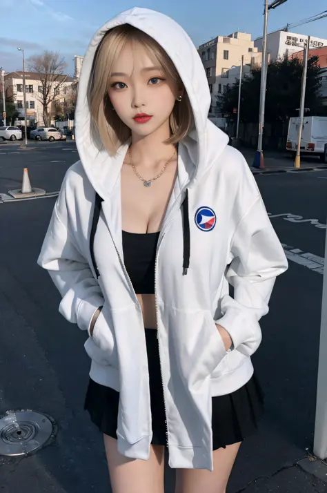 17-year-old cool Korean, big round breasts, cleavage, hooded hoodie with super cropped length, cropped length cut and sewn, skir...