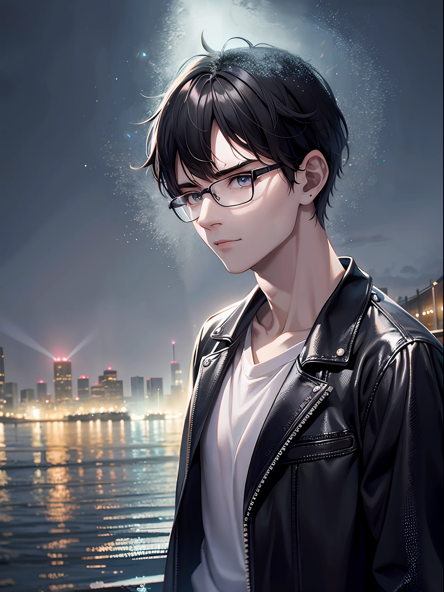 a teenager male, black hair, wear glasses, shirt, pants, dark night, heavy rain, lake, fog, , eye reflection, streaming tears, panorama, ray tracing, reflection light, chiaroscuro, cinematic lighting, depth of field, masterpiece, best quality, high details, highres, ccurate, textured skin, high quality, UHD, HD