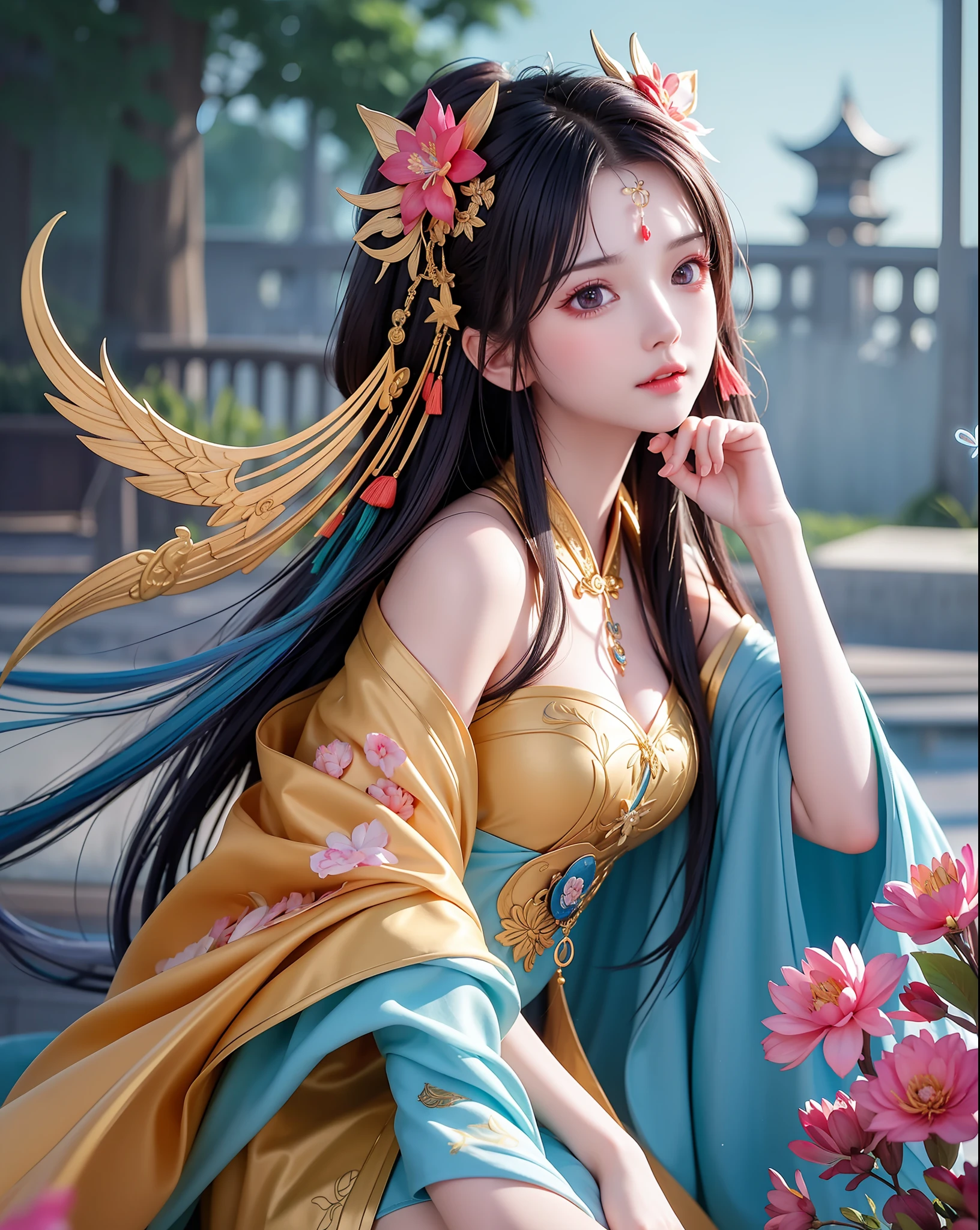 (8k, RAW photo:1.2),best quality, ultra high res,dramatic angle,(fluttered detailed color splashs), (illustration),(((1 girl))),(long hair),(rain:0.9),(hair ornament:1.4),there is an ancient palace beside the girl,chinese clothes,(focus on), color Ink wash painting,(color splashing),colorful splashing,(((colorful))),(sketch:0.8), Masterpiece,best quality, beautifully painted,highly detailed,(denoising:0.6),[splash ink],((ink refraction)), (beautiful detailed sky),moon,highly,detaild,(masterpiece, best quality, extremely detailed CG unity 8k wallpaper,masterpiece, best quality, ultra-detailed),(Lycoris radiata),