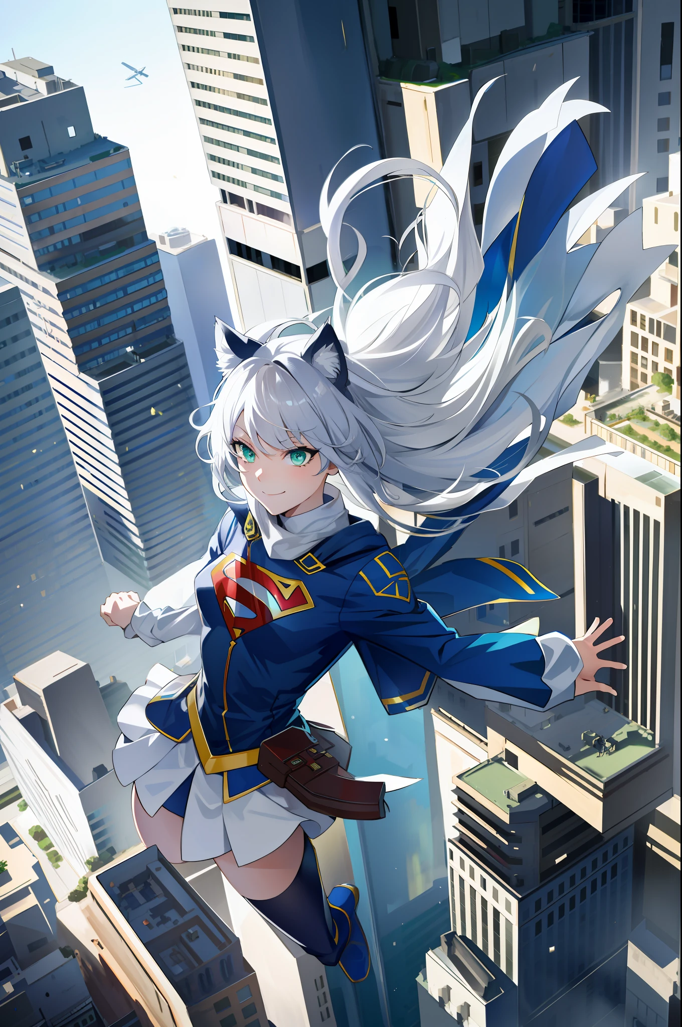 platinum hair, catgirl, cat ears, 1girl, solo, long hair, medium breasts, light green eyes, smile, standing, dynamic pose, 8k, masterpiece, best quality, absurdres, perfect anatomy, cinematic lighting, cowboy shot, (supergirl costume:1.1), (flying, flying over city:1.2), concerned