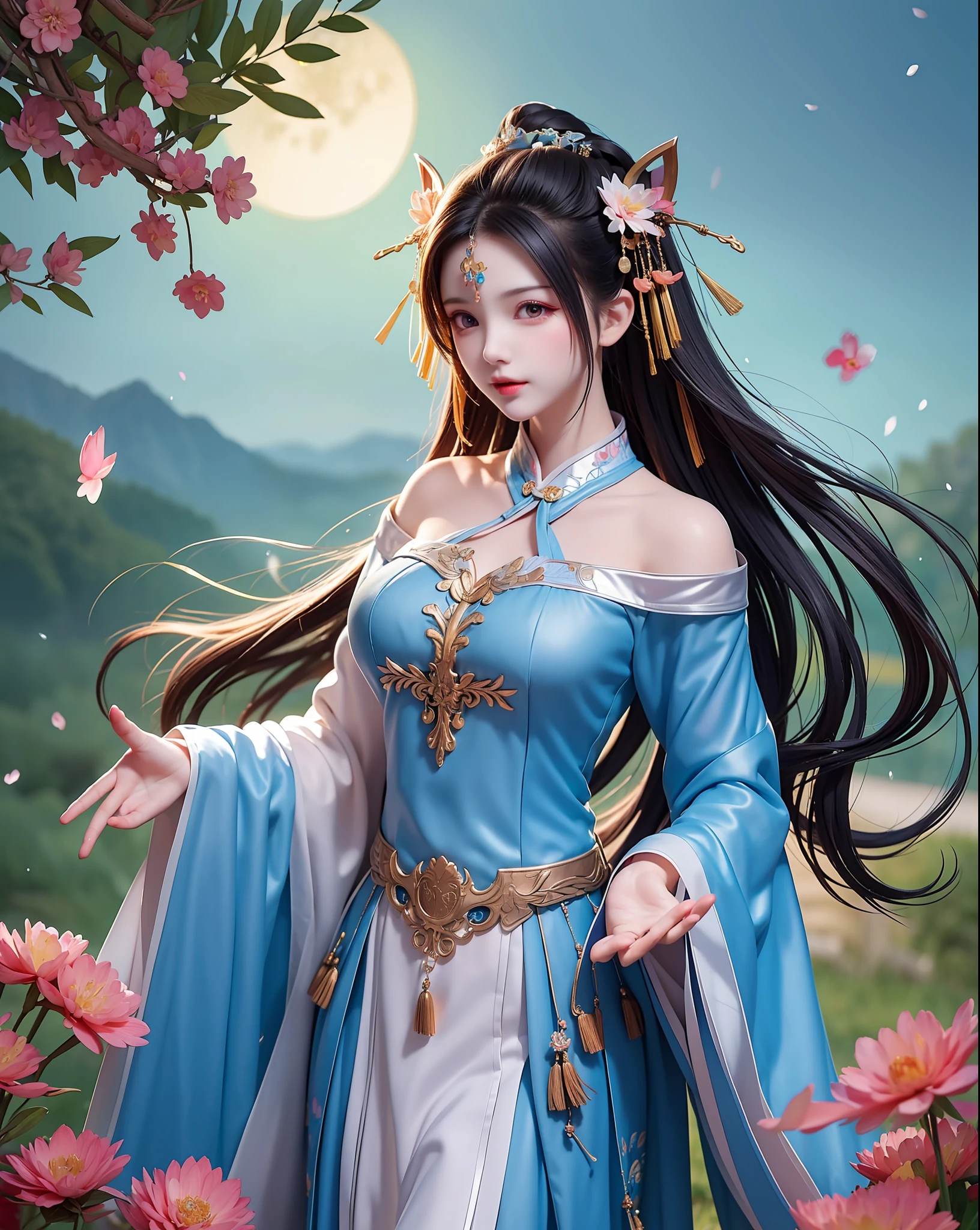 (8k, RAW photo:1.2),best quality, ultra high res,dramatic angle,(fluttered detailed color splashs), (illustration),(((1 girl))),(long hair),(rain:0.9),(hair ornament:1.4),there is an ancient palace beside the girl,chinese clothes,(focus on), color Ink wash painting,(color splashing),colorful splashing,(((colorful))),(sketch:0.8), Masterpiece,best quality, beautifully painted,highly detailed,(denoising:0.6),[splash ink],((ink refraction)), (beautiful detailed sky),moon,highly,detaild,(masterpiece, best quality, extremely detailed CG unity 8k wallpaper,masterpiece, best quality, ultra-detailed),(Lycoris radiata),