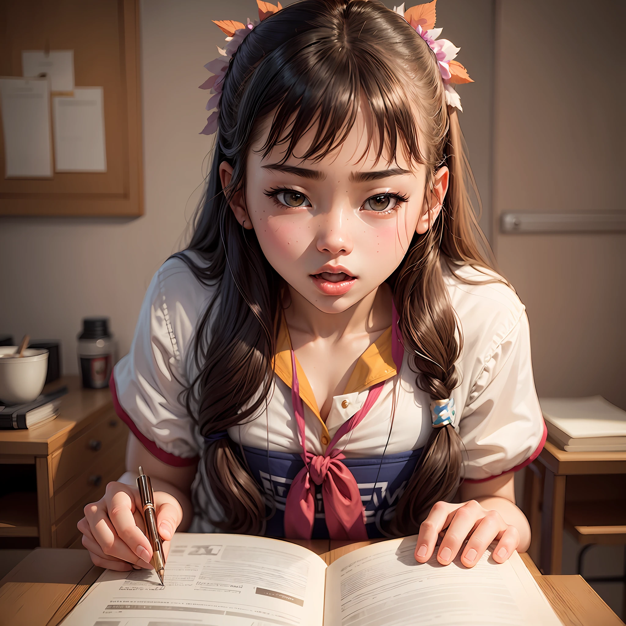 There is a girl sitting at a table reading a book - SeaArt AI