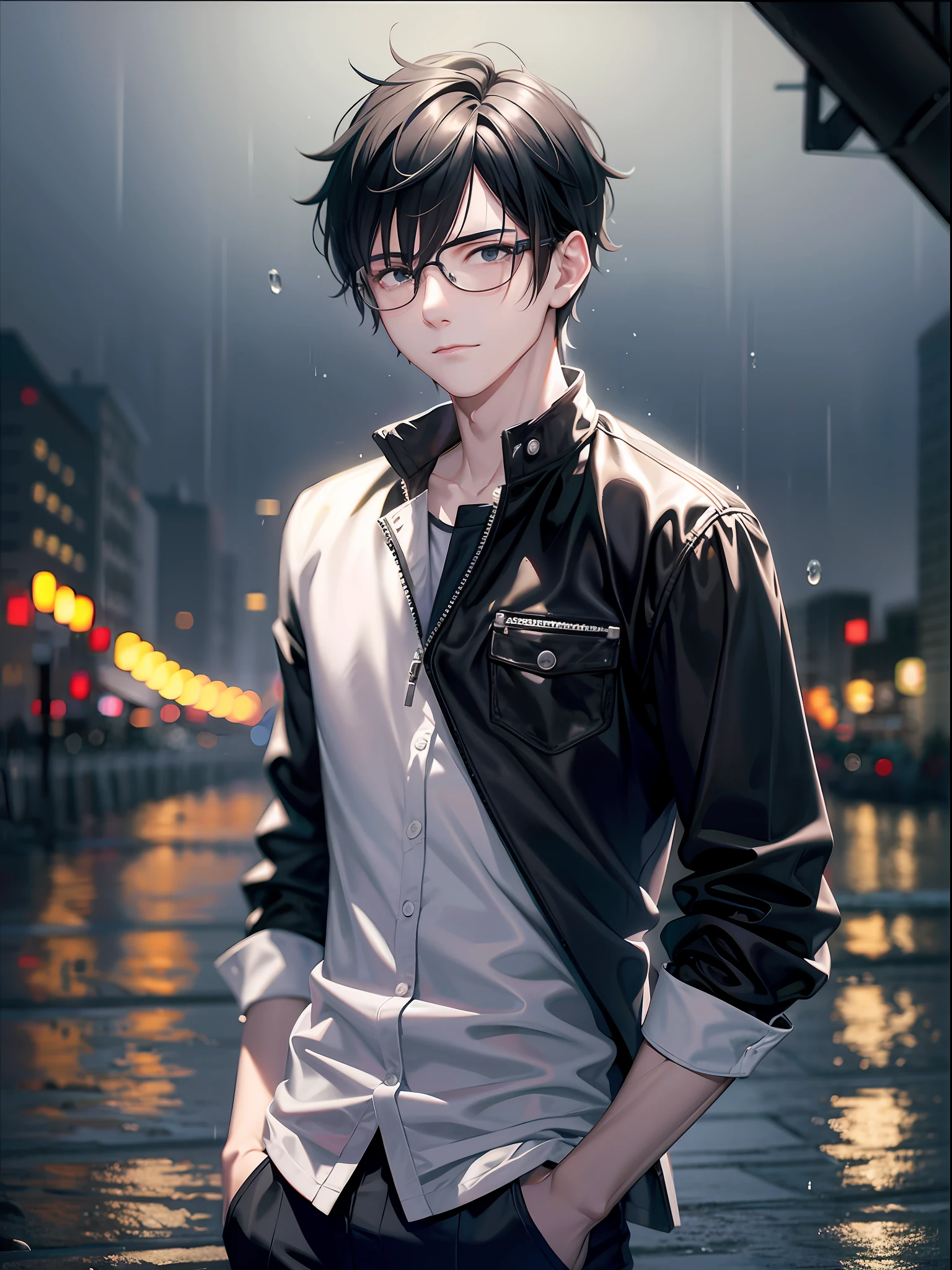 a teenager male, black hair, wear glasses, shirt, pants, dark night, heavy rain, lake, fog, lonely, eye reflection, streaming tears, panorama, ray tracing, reflection light, chiaroscuro, cinematic lighting, depth of field, masterpiece, best quality, high details, highres, ccurate, textured skin, high quality, UHD, HD