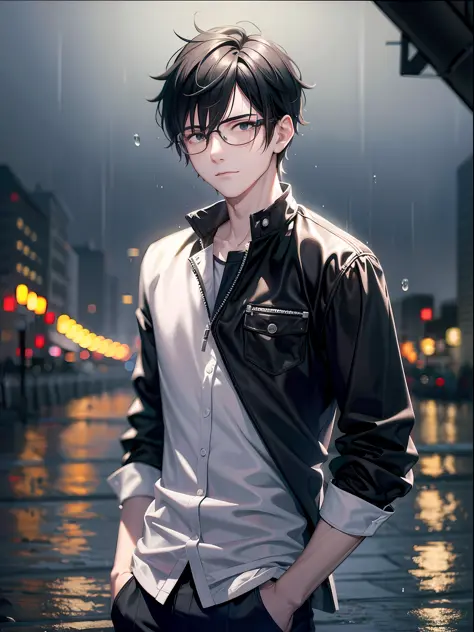 a teenager male, black hair, wear glasses, shirt, pants, dark night, heavy rain, lake, fog, lonely, eye reflection, streaming te...