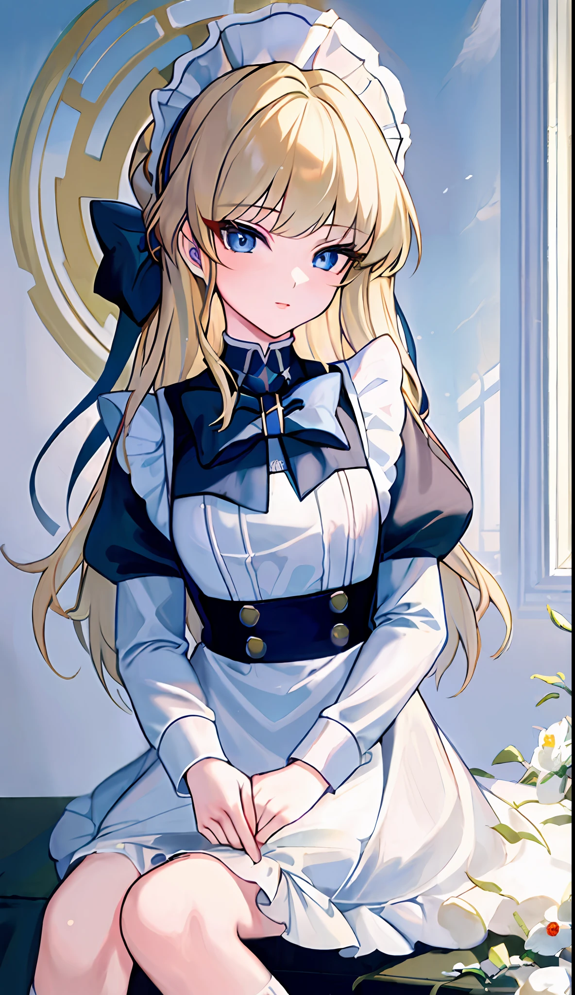 1 beautiful girl, ((((Masterpiece)))), (((highest quality)))), (((Very detailed))), detailed fingers, precise fingers, not unnatural hands, illustration, 1 girl, solo, tied blonde, blue eyes, long-sleeved maid clothes, white high socks, TOKI,