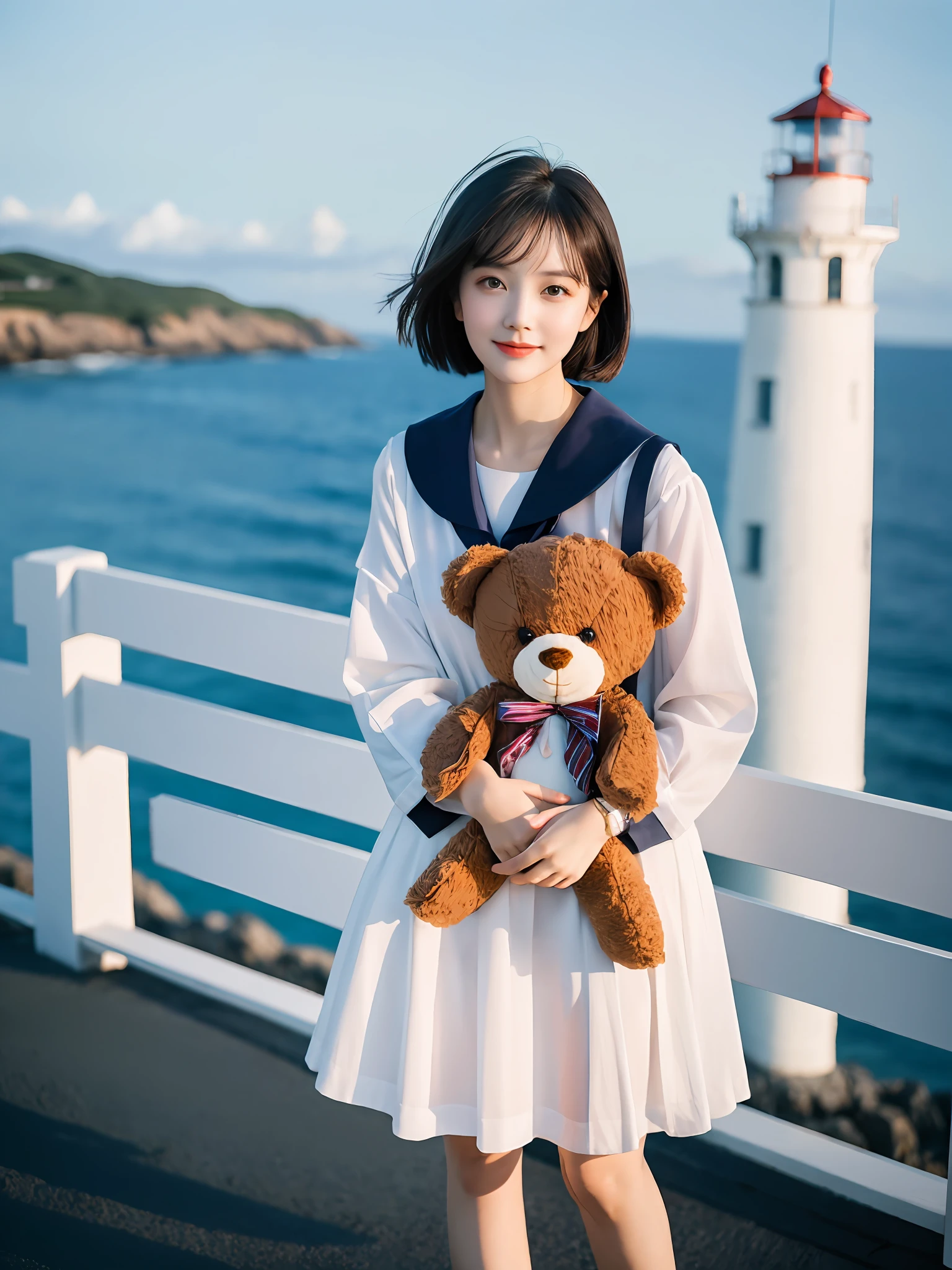 Coastal beauty, 1 girl, (short hair), school uniform, (big eyes, thin face, white skin, carefree expression), beach background, lighthouse, soft sea breeze, playful pose, dynamic composition, blurred background, rich colors, fine details, 50mm lens, relaxed atmosphere. Portrait photography, 35mm film, natural blur beautiful and clear eyes, simple blurred background, extreme detail description, beautiful, charming, super fine painting, delicate face, delicate figure, fine collarbone, cute lips, slender legs, standing full body photo, happy laugh, (8k, RAW photo, best quality, masterpiece: 1.2), (realistic, photorealistic photo: 1.37), holding a teddy bear in both hands