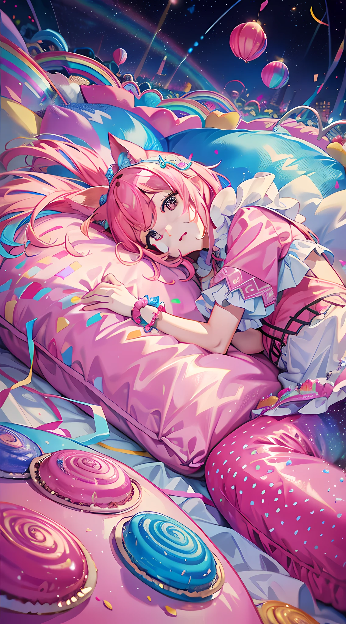 pink candy land, pillows, rainbow mix,vibrant colors,8k,sharp,anime,