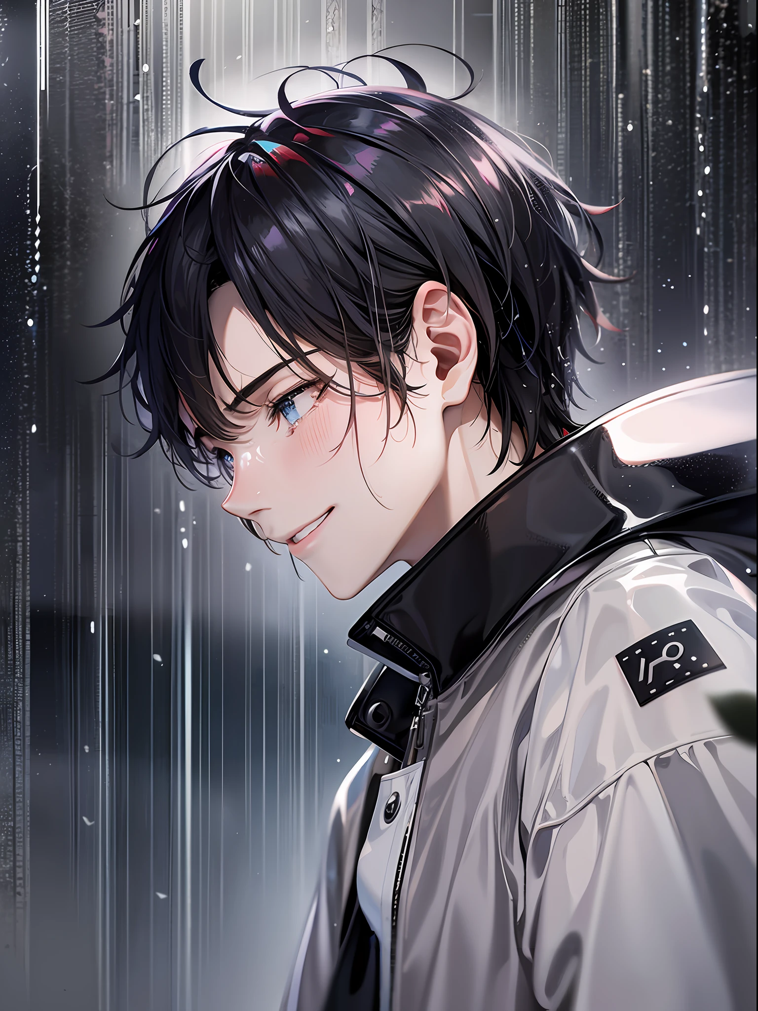 a teenager male, smile and cry, on the top of the building, heavy rain drop down, wet clothes, wet hair, clear face, , eye reflection, streaming tears, panorama, from behind, ray tracing, reflection light, chiaroscuro, cinematic lighting, glowing light, depth of field, close-up, masterpiece, best quality, high details, highres, ccurate, textured skin, high quality, UHD, HD
