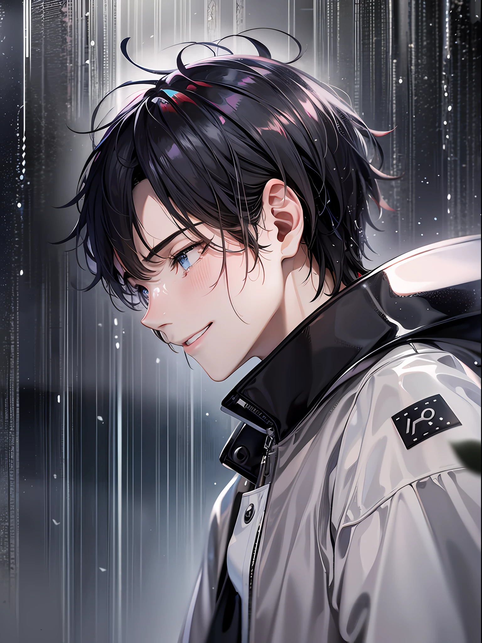 a teenager male, smile and cry, on the top of the building, heavy rain drop down, wet clothes, wet hair, clear face, lonely, eye reflection, streaming tears, panorama, from behind, ray tracing, reflection light, chiaroscuro, cinematic lighting, glowing light, depth of field, close-up, masterpiece, best quality, high details, highres, ccurate, textured skin, high quality, UHD, HD