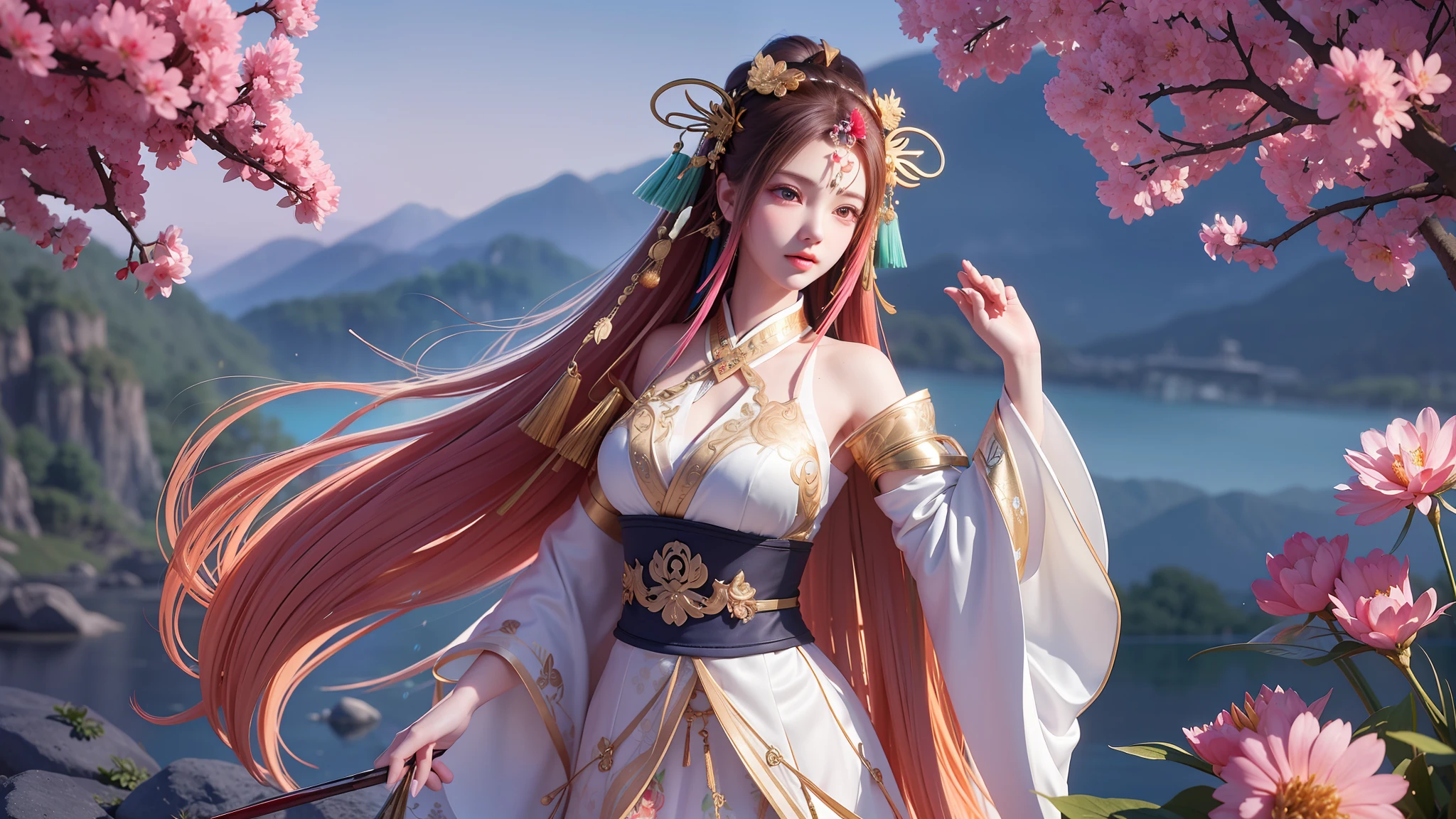 (8k, RAW photo:1.2),best quality, ultra high res,dramatic angle,(fluttered detailed color splashs), (illustration),(((1 girl))),(long hair),(rain:0.9),(hair ornament:1.4),there is an ancient palace beside the girl,chinese clothes,(focus on), color Ink wash painting,(color splashing),colorful splashing,(((colorful))),(sketch:0.8), Masterpiece,best quality, beautifully painted,highly detailed,(denoising:0.6),[splash ink],((ink refraction)), (beautiful detailed sky),moon,highly,detaild,(masterpiece, best quality, extremely detailed CG unity 8k wallpaper,masterpiece, best quality, ultra-detailed),(Lycoris radiata),