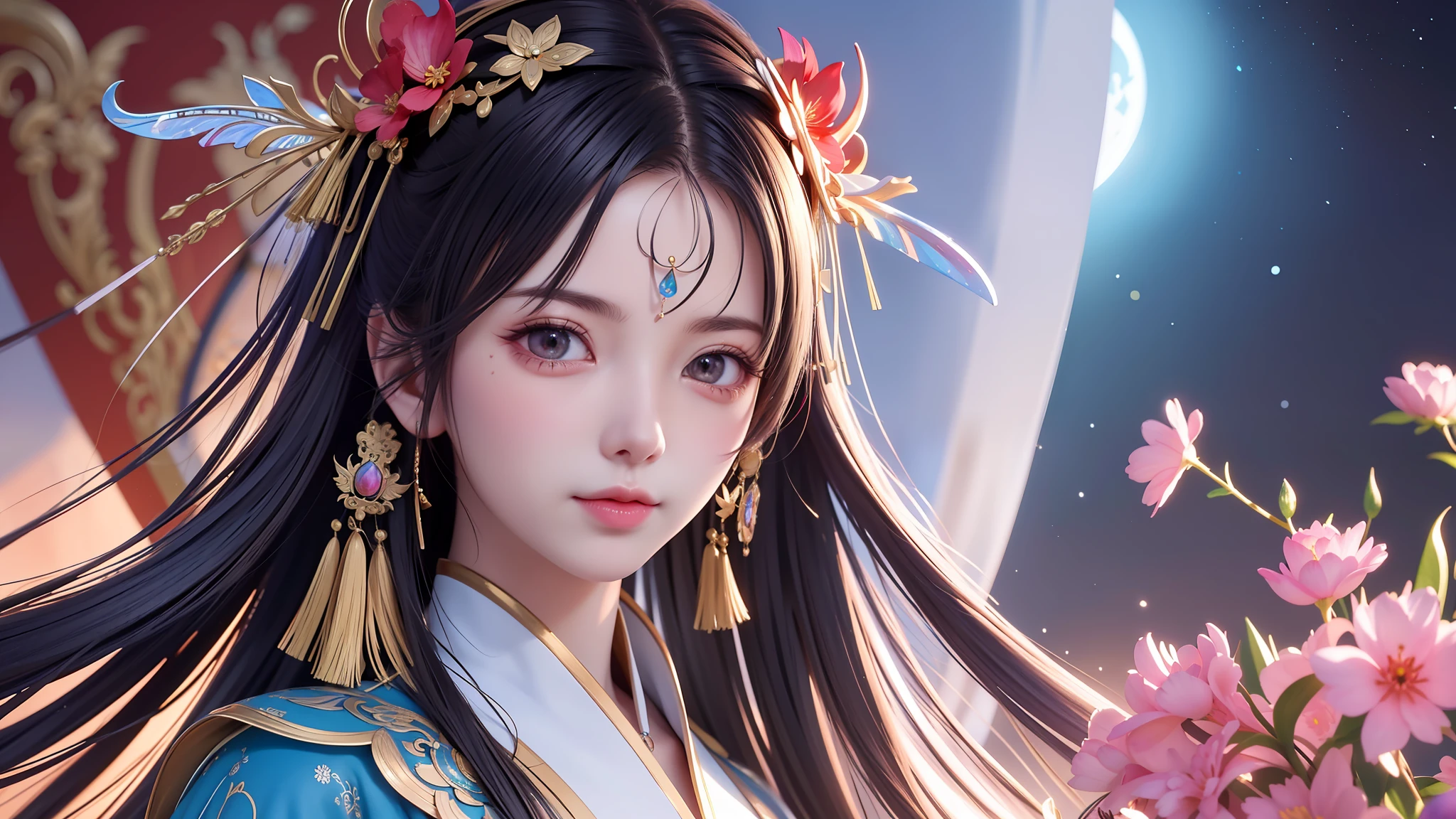 (8k, RAW photo:1.2),best quality, ultra high res,dramatic angle,(fluttered detailed color splashs), (illustration),(((1 girl))),(long hair),(rain:0.9),(hair ornament:1.4),there is an ancient palace beside the girl,chinese clothes,(focus on), color Ink wash painting,(color splashing),colorful splashing,(((colorful))),(sketch:0.8), Masterpiece,best quality, beautifully painted,highly detailed,(denoising:0.6),[splash ink],((ink refraction)), (beautiful detailed sky),moon,highly,detaild,(masterpiece, best quality, extremely detailed CG unity 8k wallpaper,masterpiece, best quality, ultra-detailed),(Lycoris radiata),