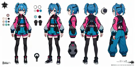 1 Young Girl, Character Sheet, Concept Art, Full Body, (Masterpiece: 1.2), (Best Quality: 1.3), 1 Girl, Standing, Punk, Cute, Pretty, Tech, Future