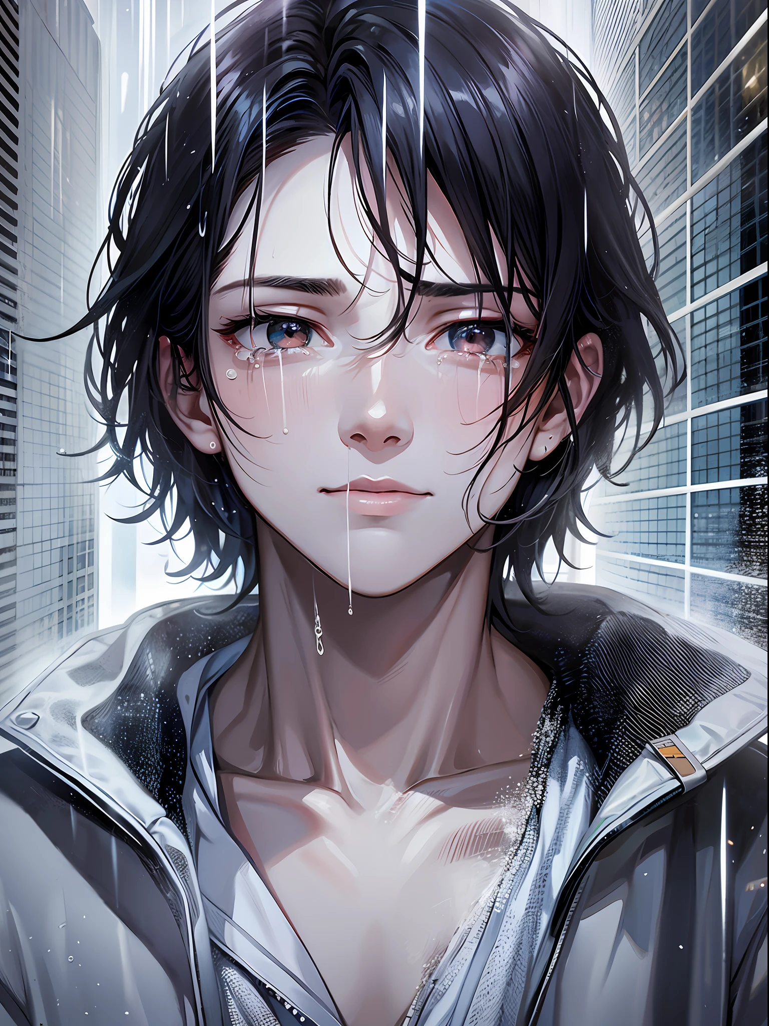 a teenager male, cry for love, on the top of the building, heavy rain drop down, wet clothes, wet hair, clear face, , tearing up, eye reflection, streaming tears, tears, ray tracing, reflection light, chiaroscuro, cinematic lighting, close-up, masterpiece, best quality, high details, highres, ccurate, textured skin, high quality, UHD, HD
