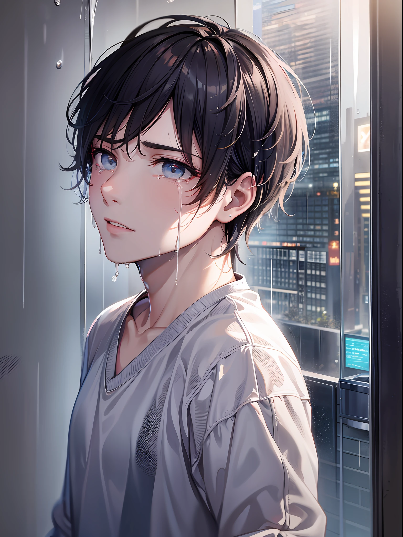 a teenager male, cry for love, on the top of the building, heavy rain drop down, wet clothes, wet hair, clear face, lonely, tearing up, eye reflection, streaming tears, tears, ray tracing, reflection light, chiaroscuro, cinematic lighting, close-up, masterpiece, best quality, high details, highres, ccurate, textured skin, high quality, UHD, HD