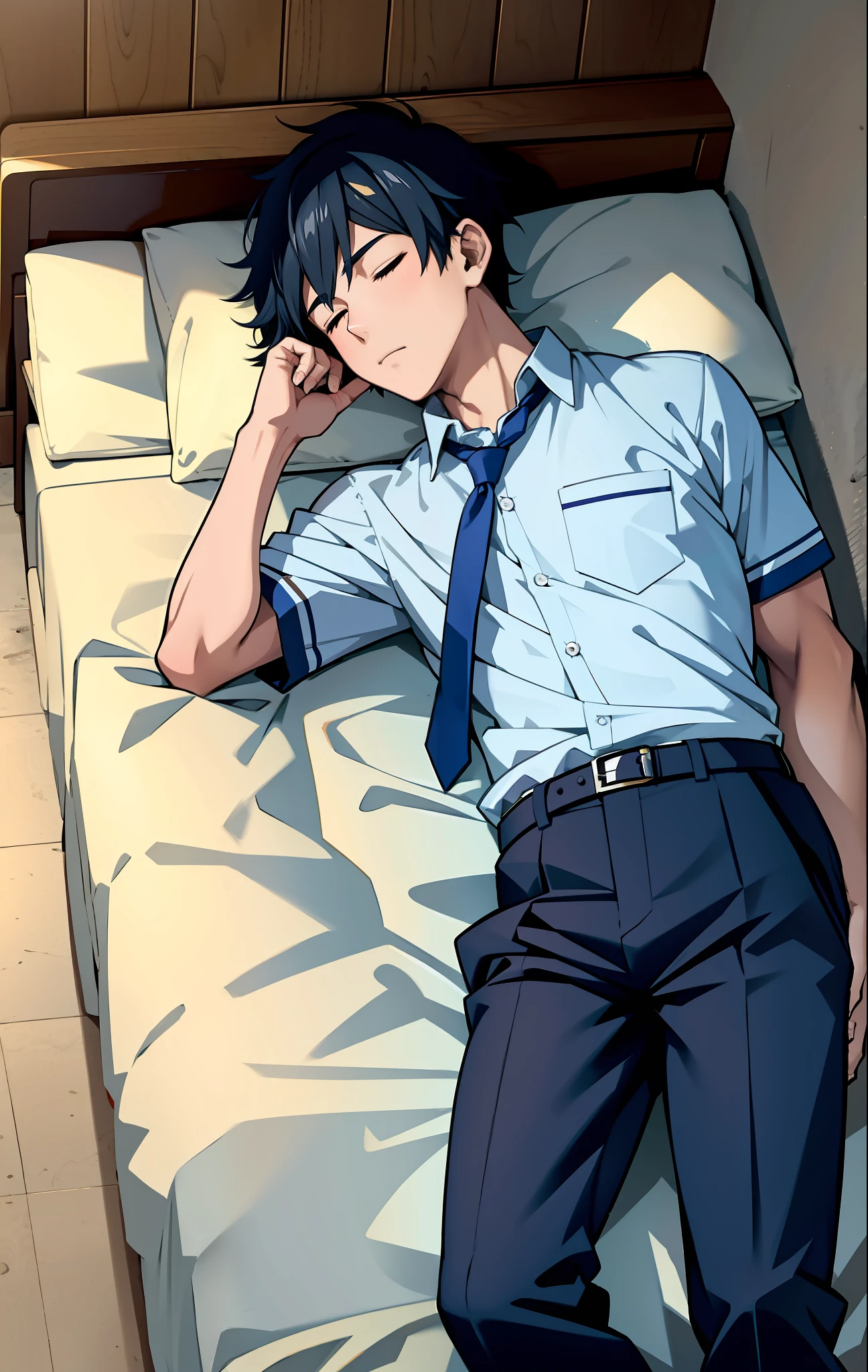 There is a male high school student wearing traditional  men's trousers (manga), too tired and more casual to sleep in bed,