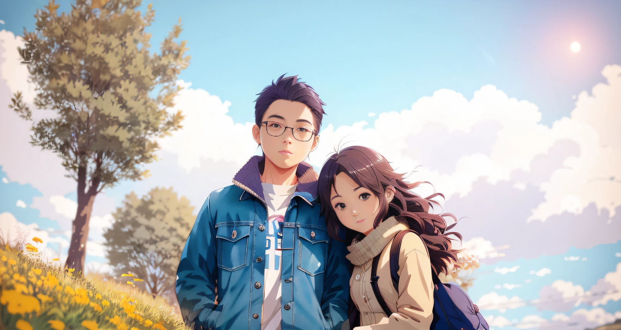 están parados en un campo con un árbol al fondo, obra de arte al estilo de guweiz, Estilo anime realista 3D., Guweiz y Makoto Shinkai, guweiz, Fotorrealista!!!!!!! Estilo de Arte, loish y ross tran, estilo de realismo anime, obra maestra de guweiz, anime 3d realista, Ross Tran y Bayard Wu