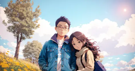 they are standing in a field with a tree in the background, artwork in the style of guweiz, realistic anime 3 d style, guweiz an...