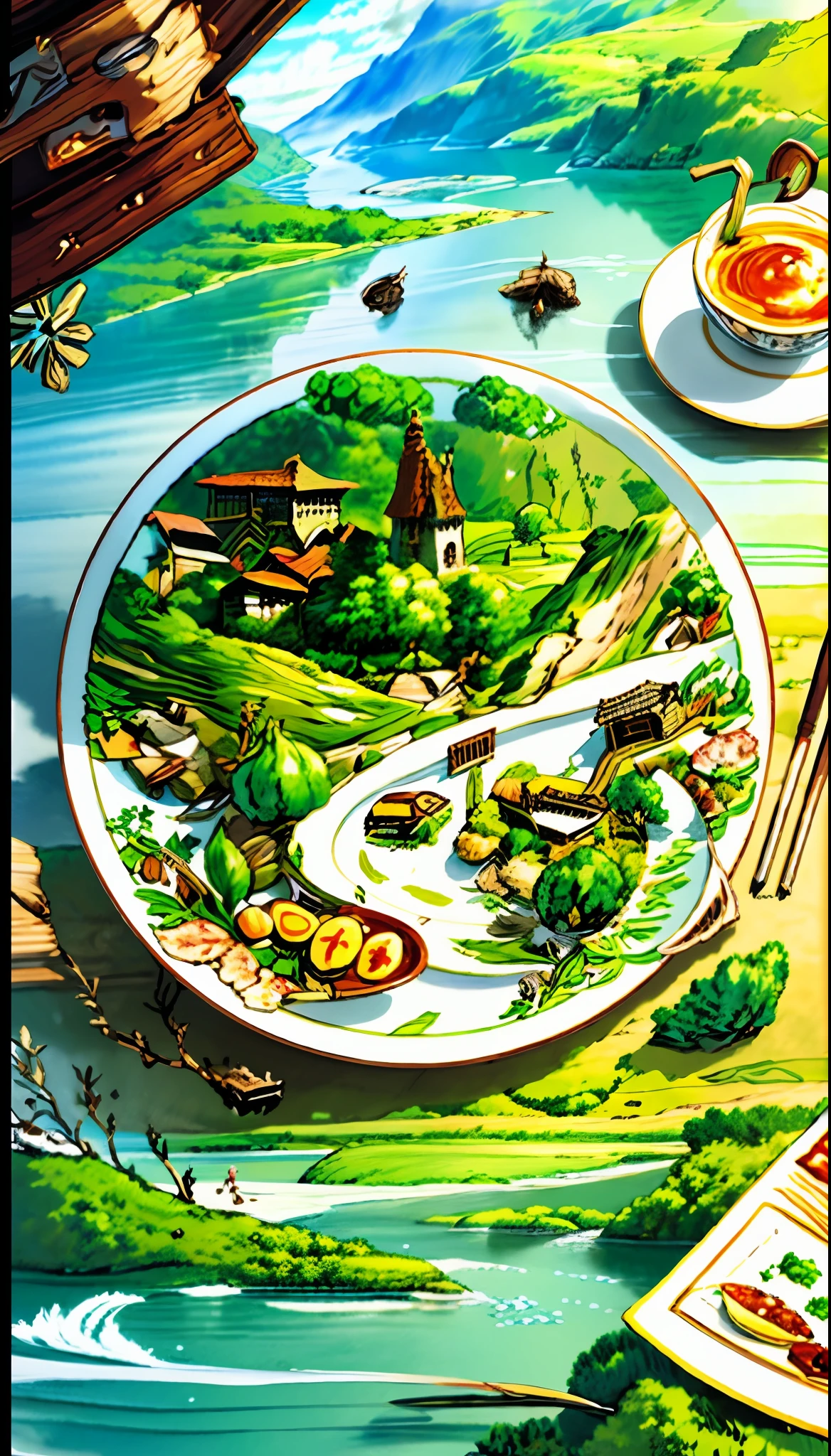 There is a picture of a plate with some landscape scenes in it, some food on the plate, vignettes, detailed 2D illustrations, detailed fan art, higher detailed illustrations, detailed digital drawings, portfolio illustrations, detailed digital illustrations, detailed fantasy illustrations, highly detailed illustrations