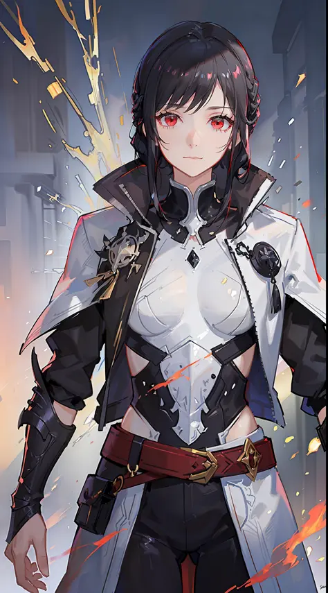 Young guy, short black hair, red eyes, scar on his face, light fantasy armor, raincoat, braid, masterpiece, high quality
