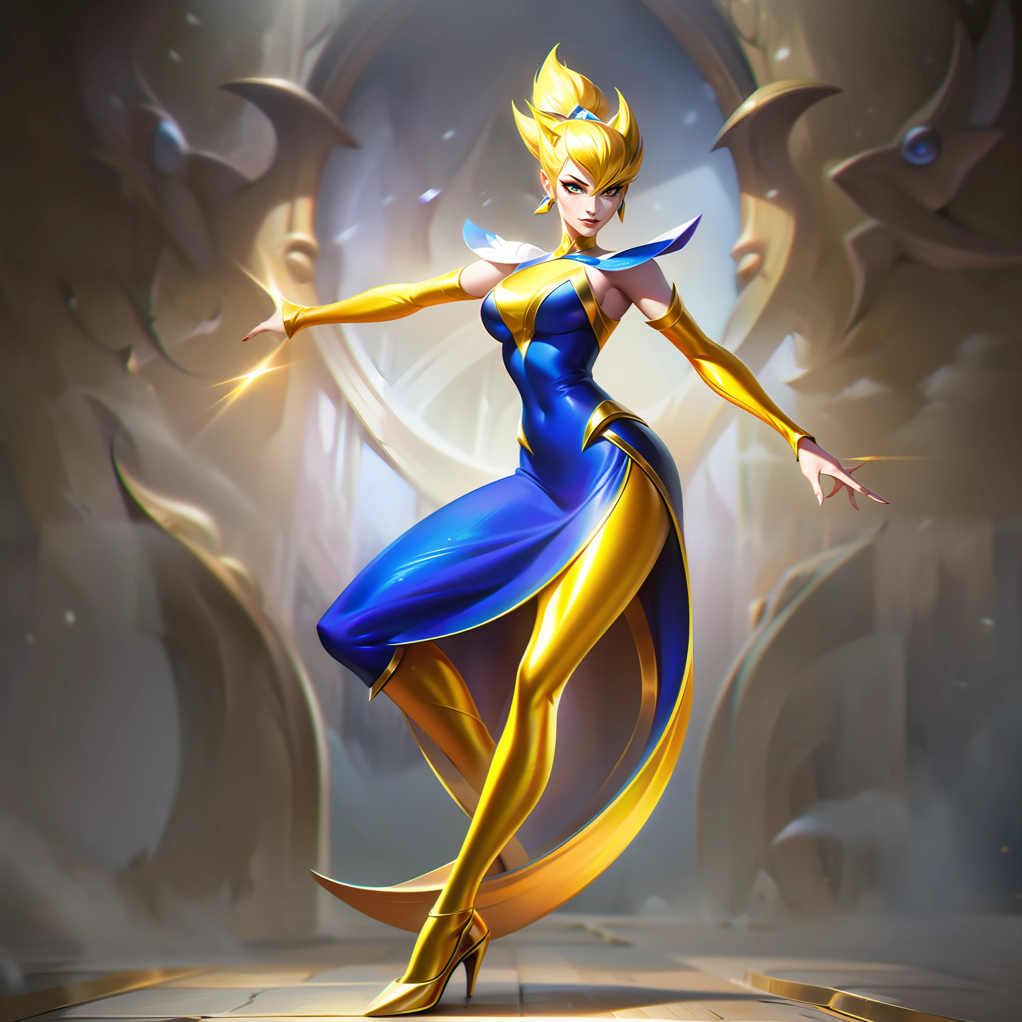 a cartoon image of a woman in a yellow shirt and brown pants, yellow crystal jewelry, full body close-up, pixie character, snow white as a fighter d &d d, wearing golden armor, full body portrait of grey jean, villain pose, official art, wearing a gossamer gold dress, space dance anime dandy,  Elegant gold armor, splashart, League of Legends splashart, art, brush stroke, masterpiece, 8k, ultra detailed, HD