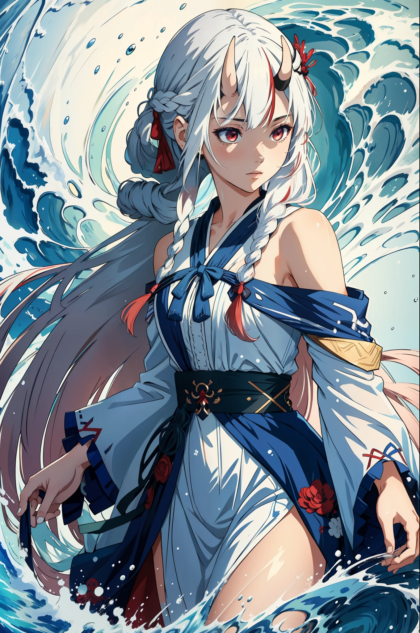 (masterpiece, best quality),  intricate details, 8k, artstation, wallpaper, official art, splash art, sharp focus,
1girl,  Nakiri Ayame, long hair, braids, white hair, 
 liquid clothes, water, blue dress,