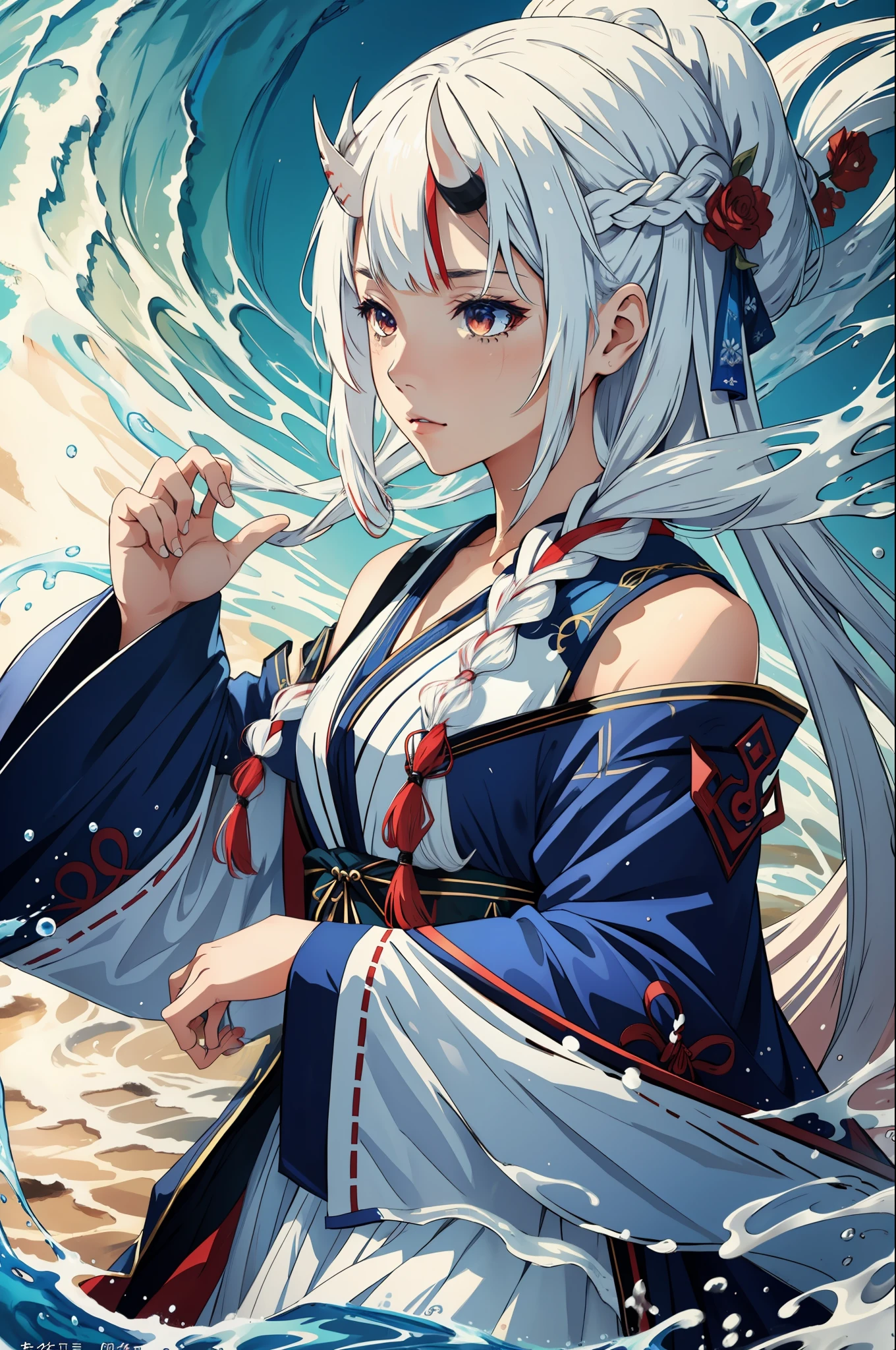 (masterpiece, best quality),  intricate details, 8k, artstation, wallpaper, official art, splash art, sharp focus,
1girl,  Nakiri Ayame, long hair, braids, white hair, 
 liquid clothes, water, blue dress,