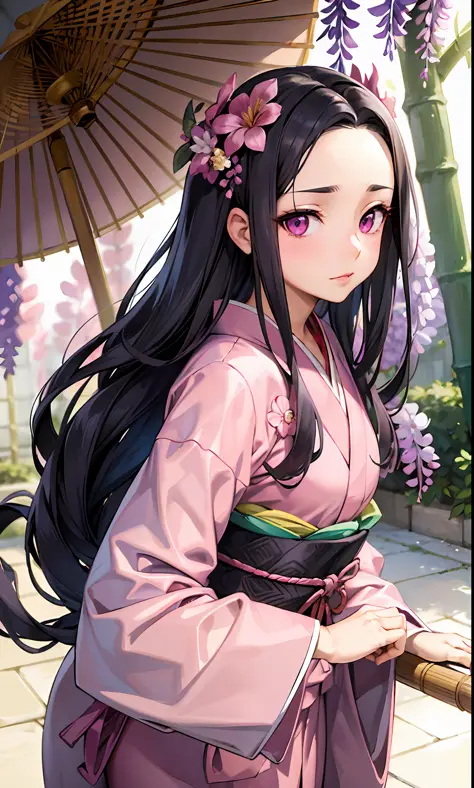 masterpiece, (pink kimono), seductive face, good lighting, décolleté, fine details, masterpiece, glowing eyes, 1girl, black hair...