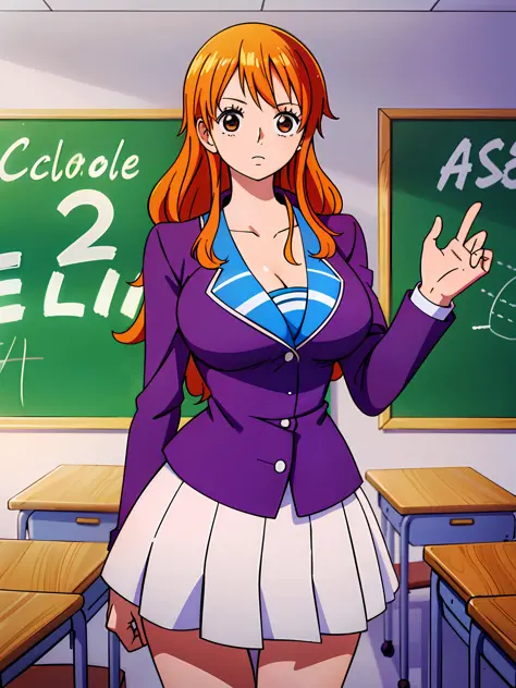 1girl, (shapely body), (solo), 30 years old, hdr, ((school uniform)), classroom, nami \(one piece\), standing, huge breasts