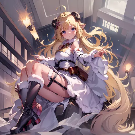 ((Masterpiece)), (Best Quality), Solo,Tsunomaki Watame, long hair, WatameBase, fur-trimmed dress, white dress, bare shoulders, fur-trimmed sleeves, hairclip, cape, belt pouch, brooch, fur-trimmed boots, (NSFW:1), Full Body