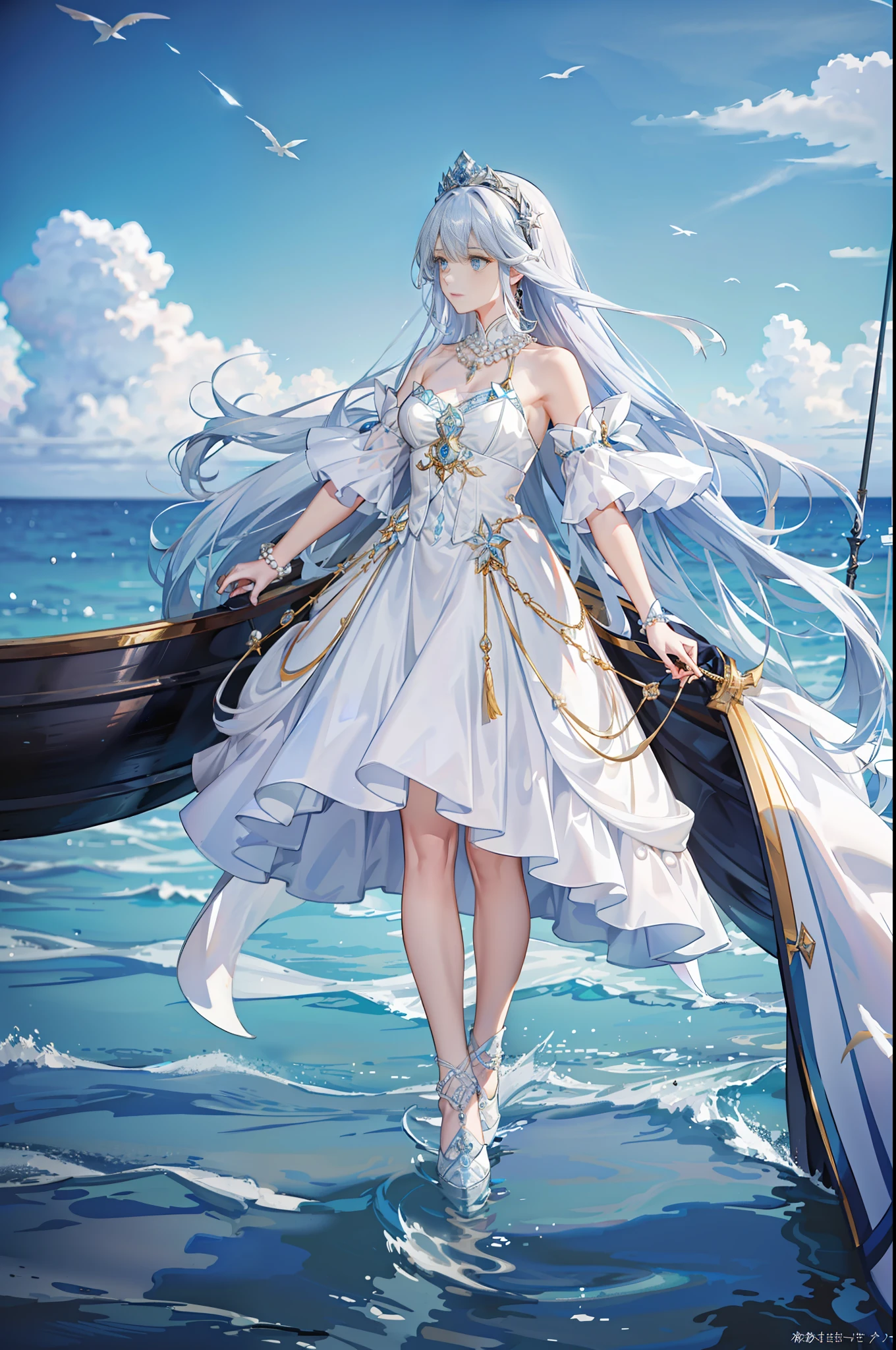 (((extreme picture quality, superb, girl)), (white crown, necklace, pearls, accessories, bare shoulders, a lot of details), (the upper body of the only heroine, intoxicating and unique sea view AND small boats and fish in the sea) , ((long blue curly hair, sea blue, blue eyes), blue gorgeous hair accessories, full of dreaminess and mystery), fantasy dance with [movie-level lens, strong light and shadow effect: 1.2, bright light effect] ).