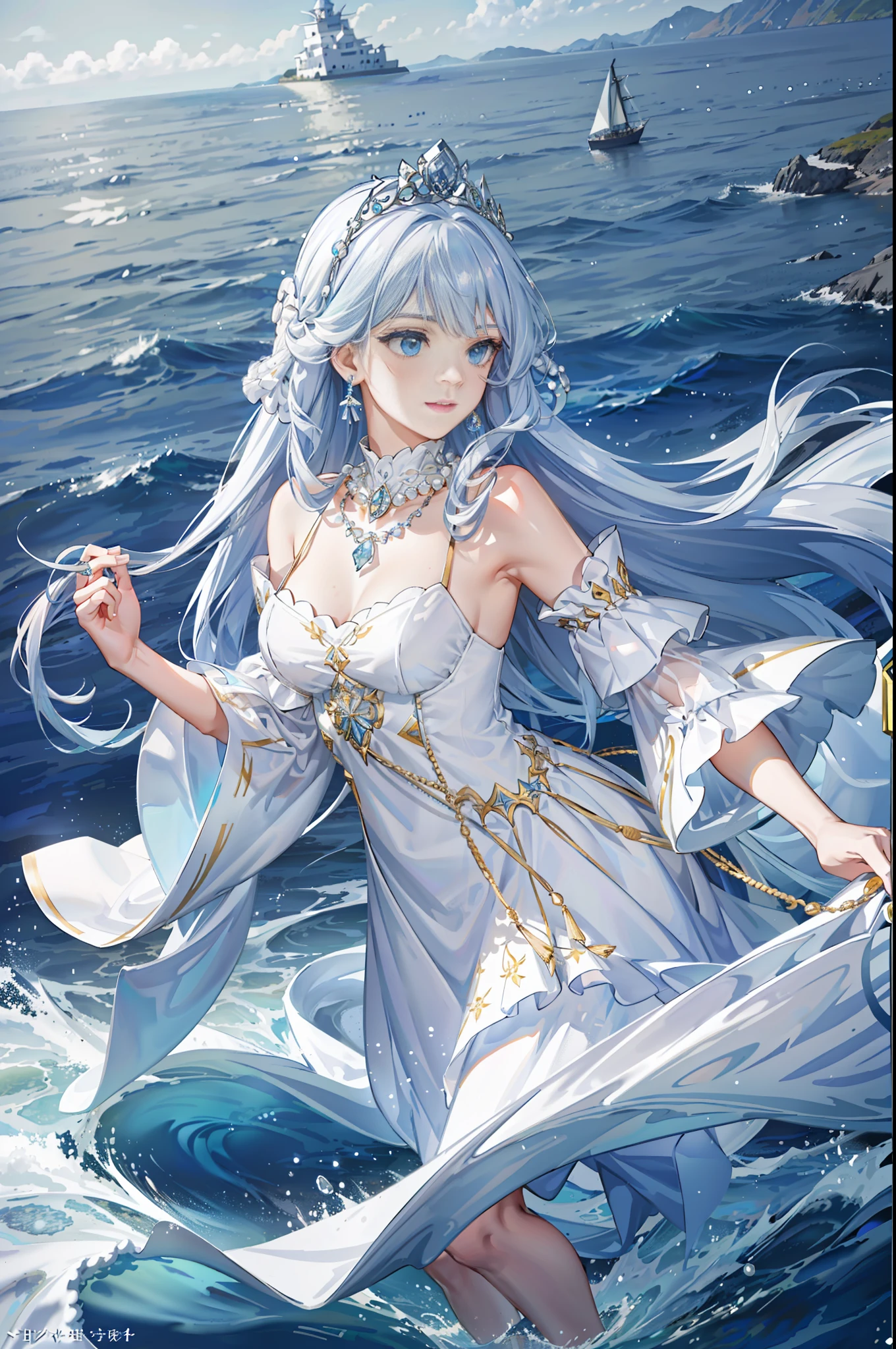 (((extreme picture quality, superb, girl)), (white crown, necklace, pearls, accessories, bare shoulders, a lot of details), (the upper body of the only heroine, intoxicating and unique sea view AND small boats and fish in the sea) , ((long blue curly hair, sea blue, blue eyes), blue gorgeous hair accessories, full of dreaminess and mystery), fantasy dance with [movie-level lens, strong light and shadow effect: 1.2, bright light effect] ).