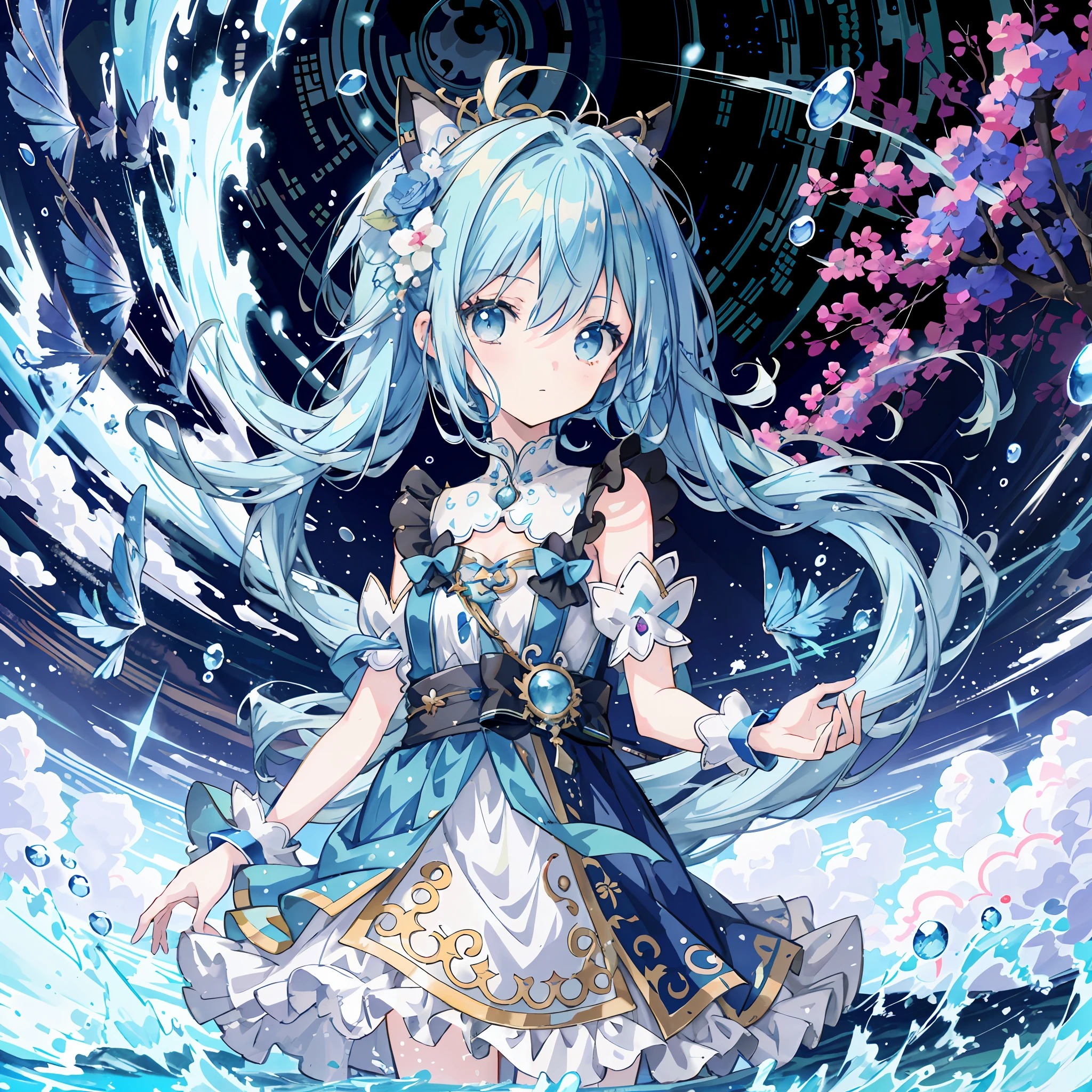 Anime girl standing in water with long blue hair and blue dress, splash art anime loli, high detail official artwork, detailed key anime art, official artwork, wallpaper anime blue water, beautiful fantasy anime, blue hair god, official anime artwork, cute anime waifu in beautiful clothes, trend in artstation pixiv, anime art wallpaper 8 K, mikudayo