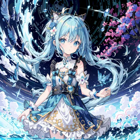 anime girl standing in water with long blue hair and blue dress, splash art anime loli, high detail official artwork, detailed k...