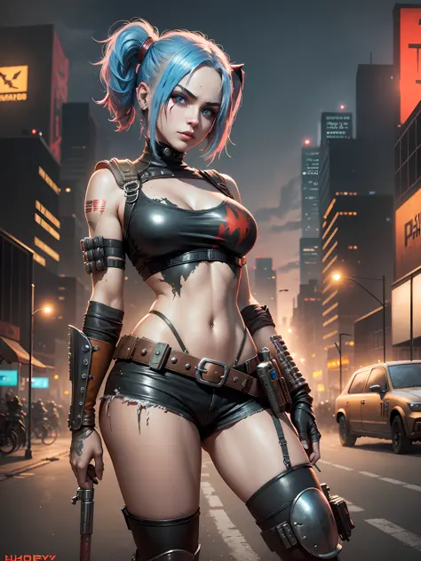 a female collectible hero in mad max design, similar to harley quinn figure.  Dystopian world in the background, photorealistic, 4k, cyberpunk --auto --s2